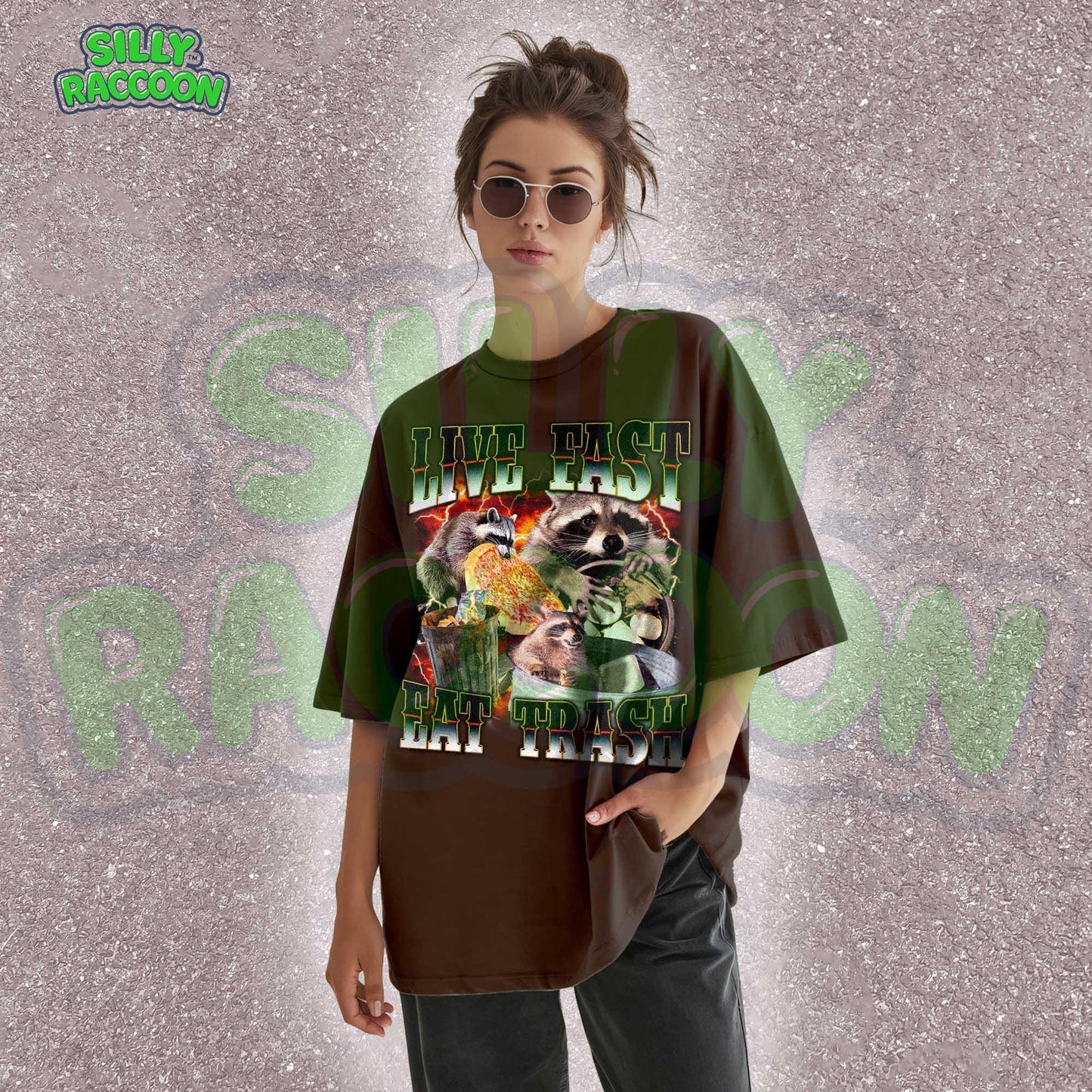 Funny raccoon graphic shirt for men and women featuring chaotic dumpster raccoons in a vintage meme collage style. Bold distressed text reads "Live Fast Eat Trash" over retro raccoons eating pizza and digging in garbage. Designed for meme lovers, unhinged humor fans, and raccoon-core enthusiasts. Perfect for birthdays, Gen Z humor gifts, or streetwear animal aesthetics. Makes a hilarious gift for trash panda lovers or quirky friends.