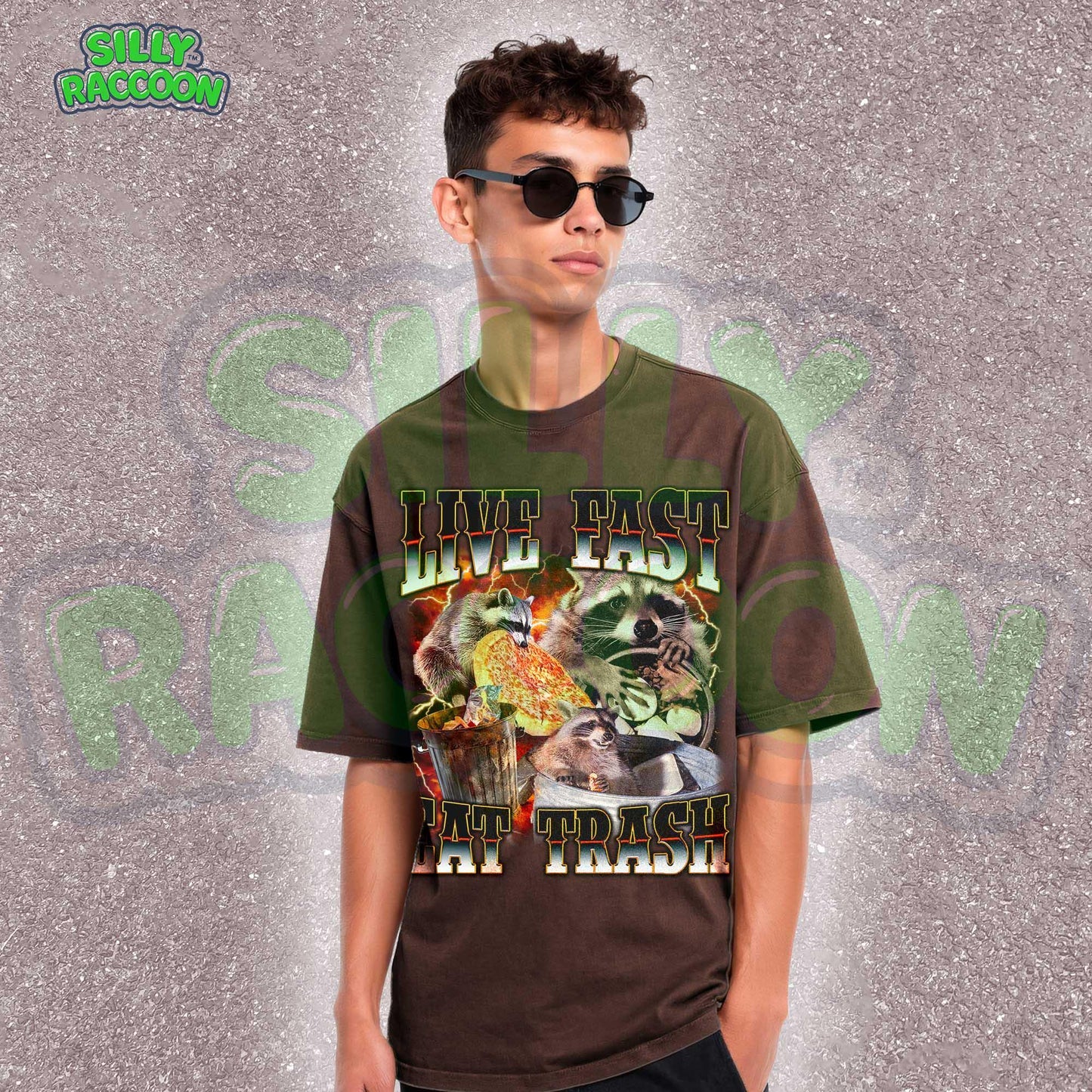 Funny raccoon graphic shirt for men and women featuring chaotic dumpster raccoons in a vintage meme collage style. Bold distressed text reads "Live Fast Eat Trash" over retro raccoons eating pizza and digging in garbage. Designed for meme lovers, unhinged humor fans, and raccoon-core enthusiasts. Perfect for birthdays, Gen Z humor gifts, or streetwear animal aesthetics. Makes a hilarious gift for trash panda lovers or quirky friends.