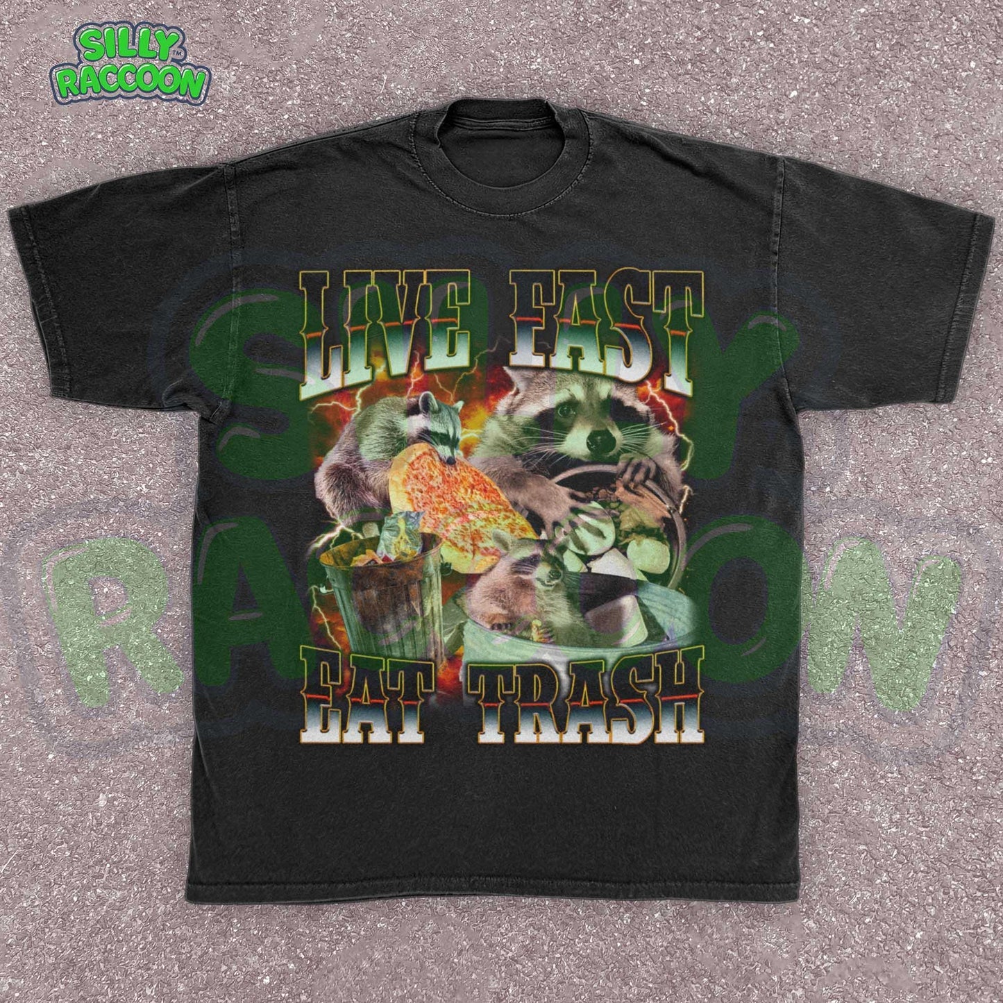 Funny raccoon graphic shirt for men and women featuring chaotic dumpster raccoons in a vintage meme collage style. Bold distressed text reads "Live Fast Eat Trash" over retro raccoons eating pizza and digging in garbage. Designed for meme lovers, unhinged humor fans, and raccoon-core enthusiasts. Perfect for birthdays, Gen Z humor gifts, or streetwear animal aesthetics. Makes a hilarious gift for trash panda lovers or quirky friends.