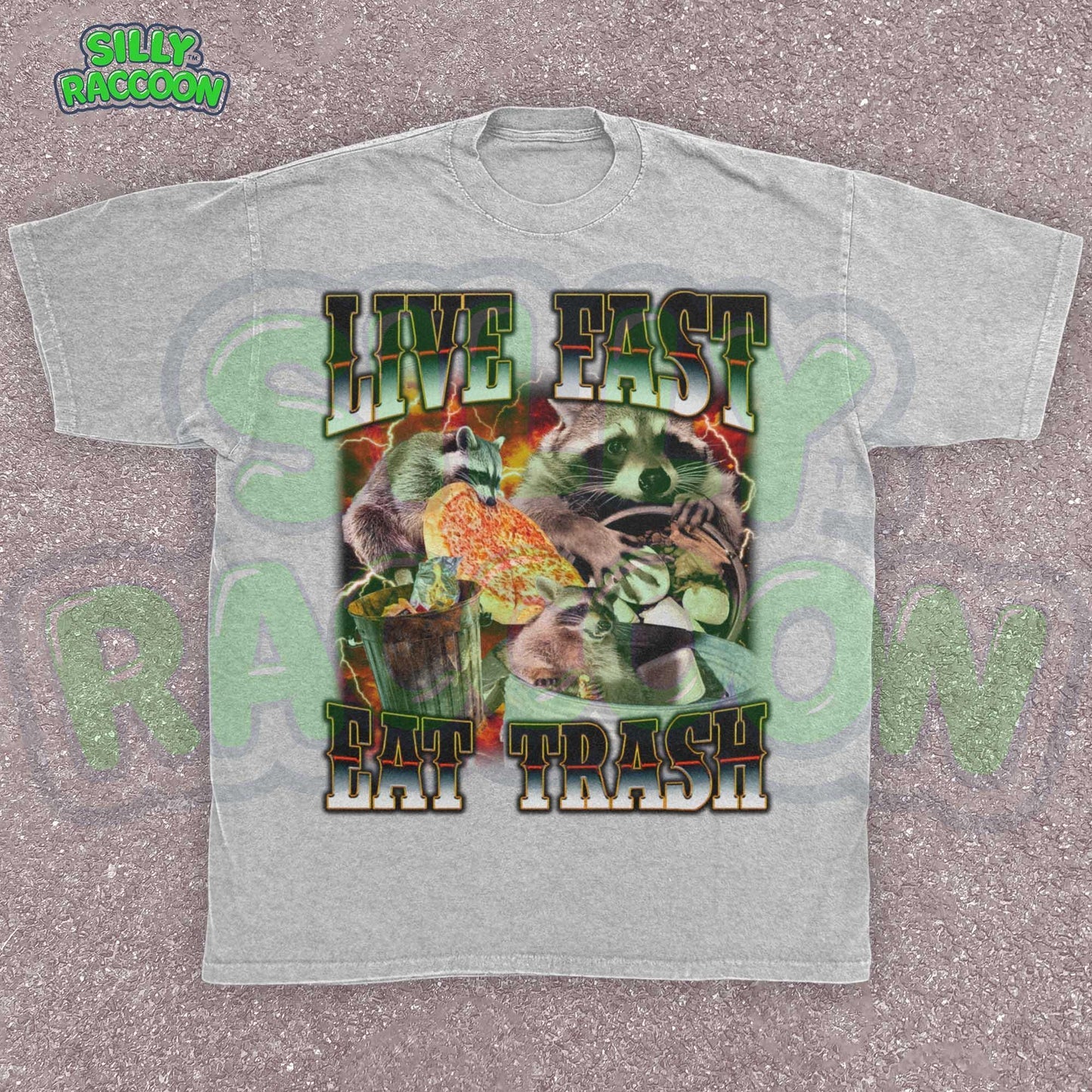 Funny raccoon graphic shirt for men and women featuring chaotic dumpster raccoons in a vintage meme collage style. Bold distressed text reads "Live Fast Eat Trash" over retro raccoons eating pizza and digging in garbage. Designed for meme lovers, unhinged humor fans, and raccoon-core enthusiasts. Perfect for birthdays, Gen Z humor gifts, or streetwear animal aesthetics. Makes a hilarious gift for trash panda lovers or quirky friends.