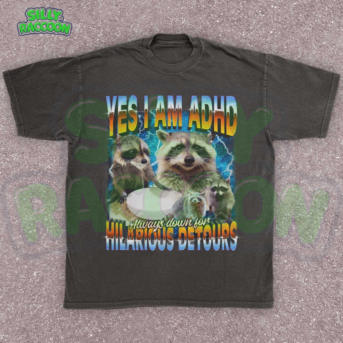 Funny vintage-style ADHD awareness shirt for adults featuring humorous raccoon meme design. Text reads “YES I AM ADHD - Always down for HILARIOUS DETOURS” in vibrant retro gradient colors against cosmic starry background. Graphic includes multiple playful raccoons, perfect for neurodiverse adults, meme lovers, and humorous animal enthusiasts. Ideal gift tee for birthdays, ADHD pride events, or casual everyday wear embracing spontaneous personalities.