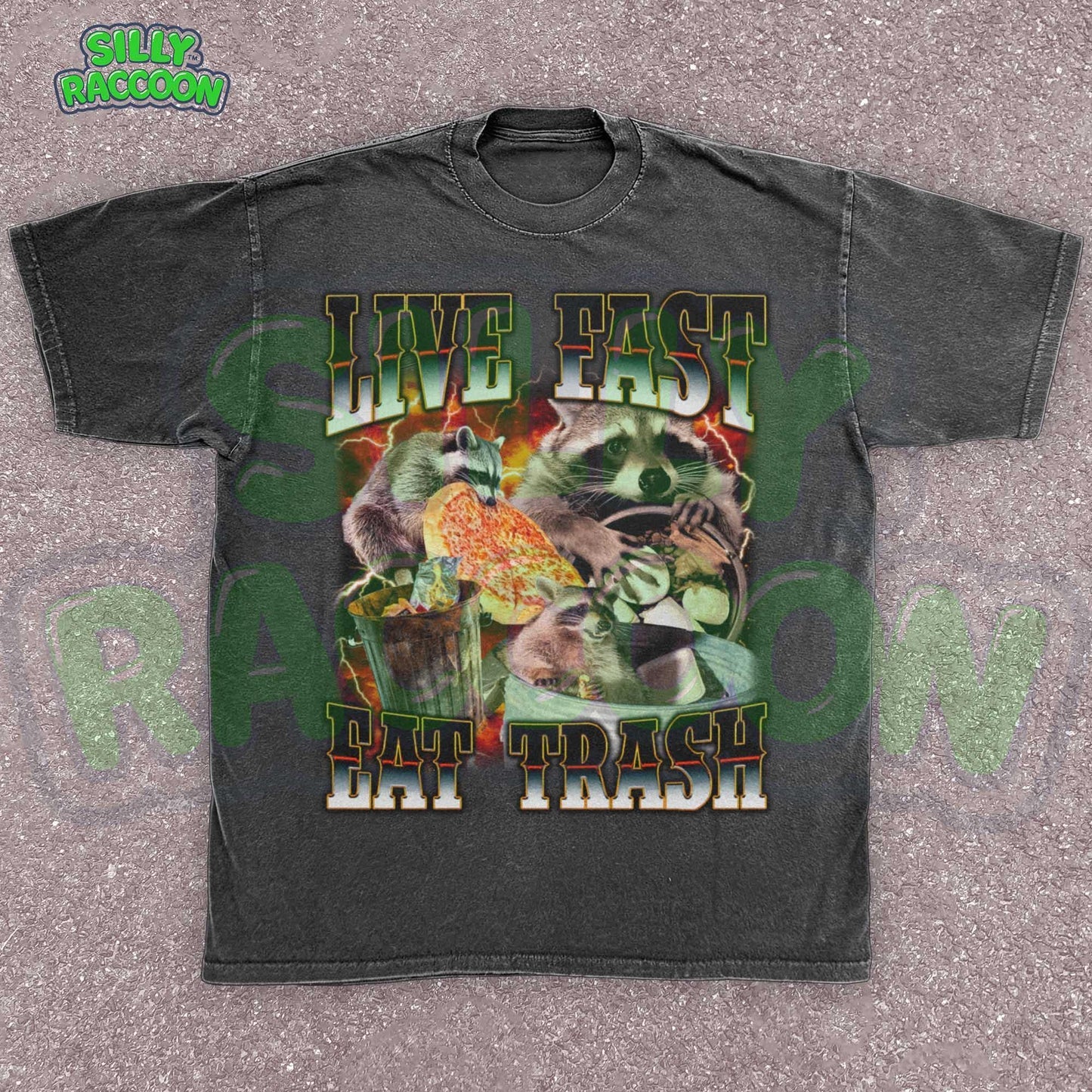 Funny raccoon graphic shirt for men and women featuring chaotic dumpster raccoons in a vintage meme collage style. Bold distressed text reads "Live Fast Eat Trash" over retro raccoons eating pizza and digging in garbage. Designed for meme lovers, unhinged humor fans, and raccoon-core enthusiasts. Perfect for birthdays, Gen Z humor gifts, or streetwear animal aesthetics. Makes a hilarious gift for trash panda lovers or quirky friends.