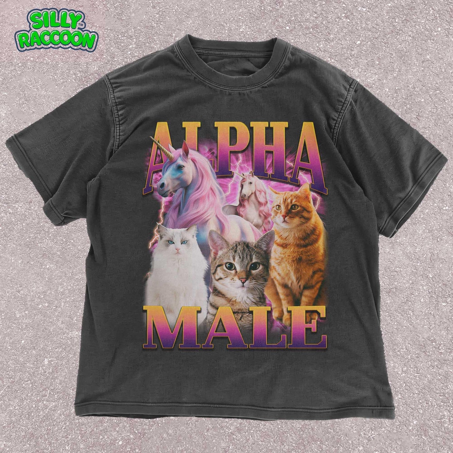 Unisex Alpha Male t-shirt for men featuring three realistic cats and two fantasy unicorns with a retro vaporwave aesthetic. This funny graphic tee is perfect for cat dads and men who enjoy ironic humor. Ideal for casual wear.