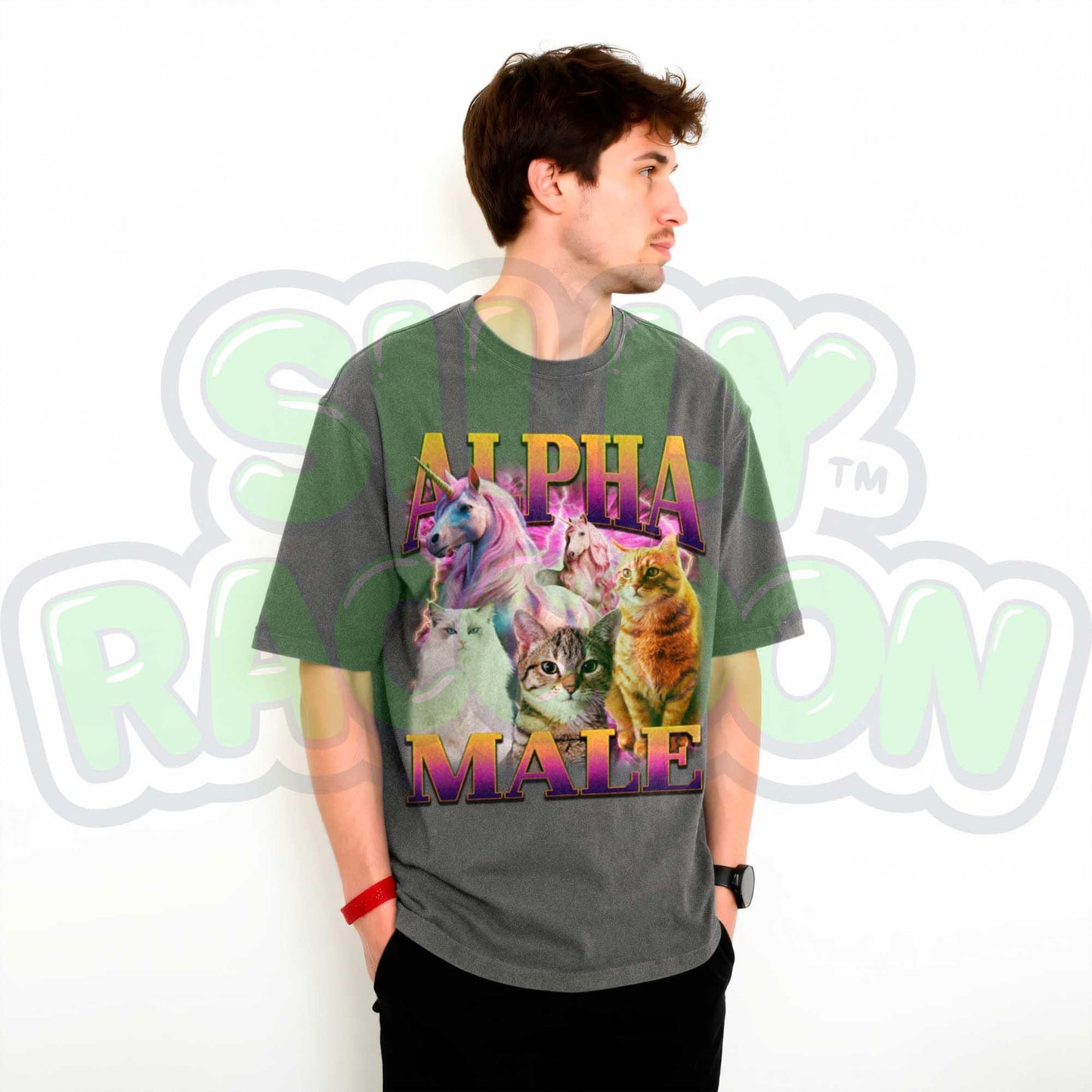 Funny Alpha Male shirt for men, a perfect ironic humor gift for cat dads and meme lovers. This dark grey graphic tee features a vibrant retro 90s design with three distinct cats (fluffy white, tabby, orange) and two majestic unicorns against a pink and purple lightning background. Bold gradient text reads "ALPHA MALE". Ideal sarcastic clothing for him, blending parody, mythical creature themes, and vaporwave aesthetic.