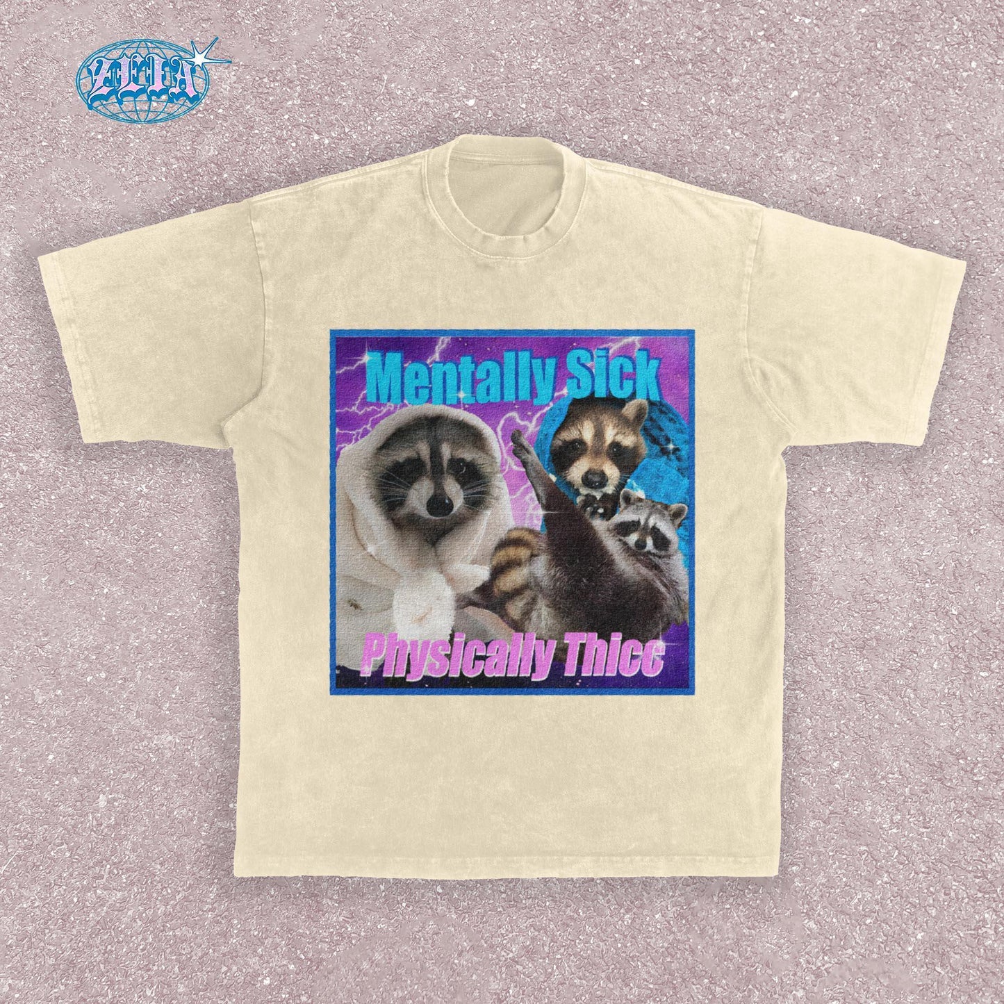 A natural t-shirt featuring three raccoons in a y2k aesthetic frame with blue and purple lightning effects, text reads Mentally Sick Physically Thicc in retro style typography