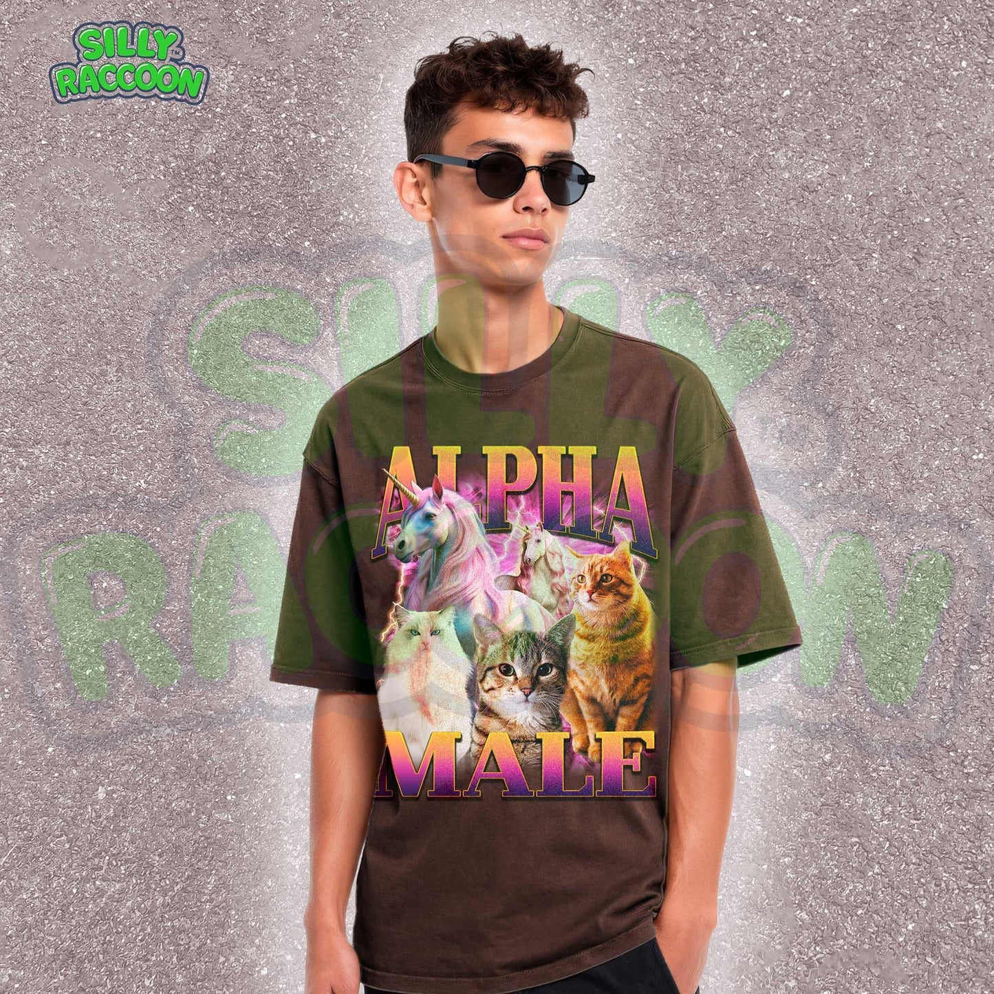 Funny Alpha Male shirt for men, a perfect ironic humor gift for cat dads and meme lovers. This dark grey graphic tee features a vibrant retro 90s design with three distinct cats (fluffy white, tabby, orange) and two majestic unicorns against a pink and purple lightning background. Bold gradient text reads "ALPHA MALE". Ideal sarcastic clothing for him, blending parody, mythical creature themes, and vaporwave aesthetic.