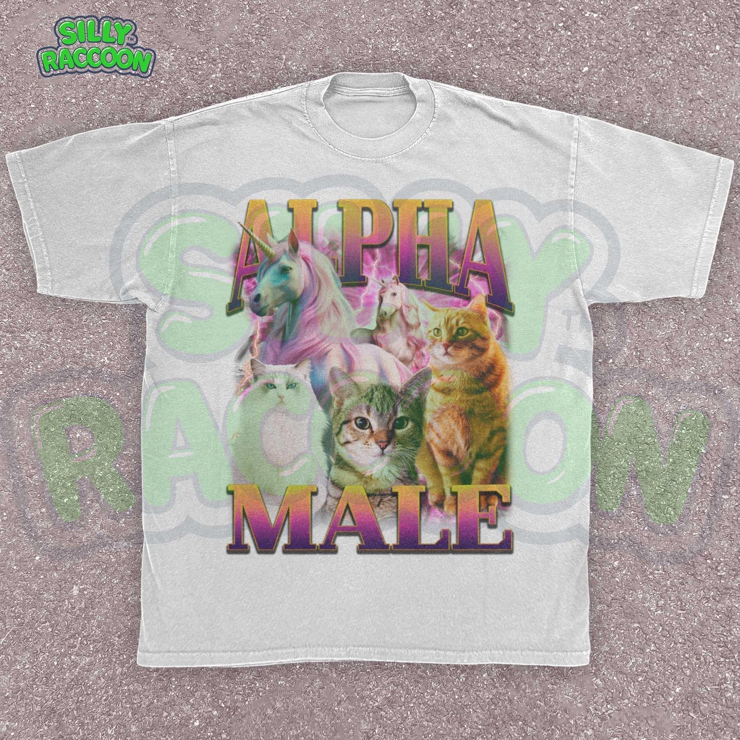 Funny Alpha Male shirt for men, a perfect ironic humor gift for cat dads and meme lovers. This dark grey graphic tee features a vibrant retro 90s design with three distinct cats (fluffy white, tabby, orange) and two majestic unicorns against a pink and purple lightning background. Bold gradient text reads "ALPHA MALE". Ideal sarcastic clothing for him, blending parody, mythical creature themes, and vaporwave aesthetic.