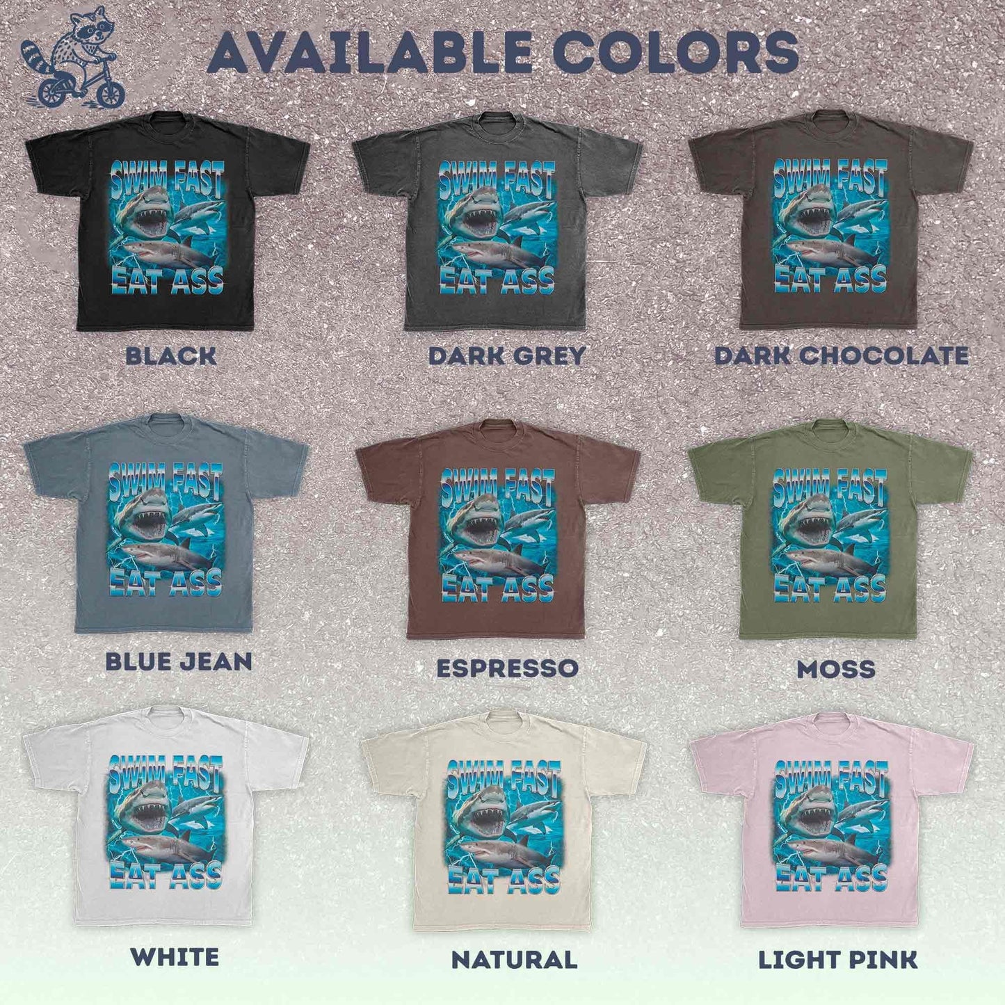 Funny adult humor graphic tee featuring three fierce sharks swimming aggressively with the edgy phrase "Swim Fast Eat Ass." Vibrant vintage-style design with bold blue letters and ocean wave graphics. Perfect meme culture shirt for young adults, shark lovers, sarcastic friends, or edgy trendsetters. Ideal casual tee for Shark Week, beach trips, parties, or humorous gifts. Provocative yet playful, this shirt makes a bold style statement.