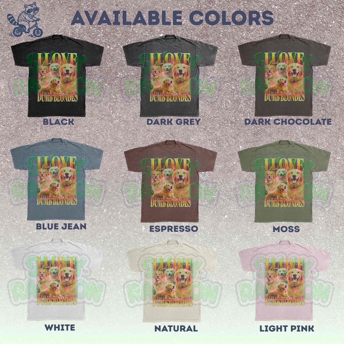 Golden Retriever Dog Tshirt for women, men, and dog lovers featuring four smiling golden retrievers with gradient text "I LOVE DUMB BLONDES" on vintage distressed black shirt. Perfect dog mom gift, dog dad present, or funny pet lover apparel. Retro style graphic t-shirt with pet humor celebrating the golden retriever breed. Vintage dog lover clothing with blonde dog pun that any golden retriever owner would love.