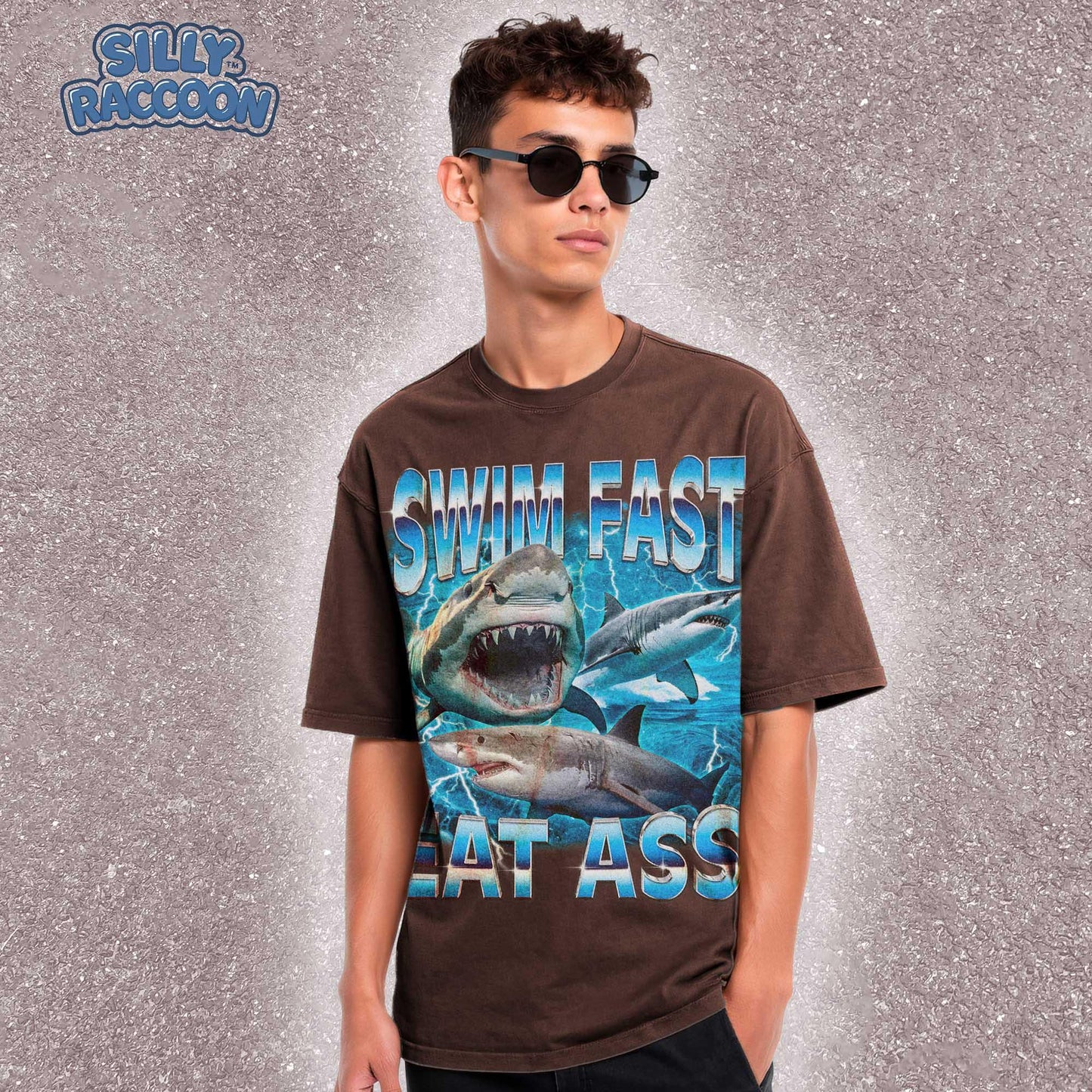 Funny adult humor graphic tee featuring three fierce sharks swimming aggressively with the edgy phrase "Swim Fast Eat Ass." Vibrant vintage-style design with bold blue letters and ocean wave graphics. Perfect meme culture shirt for young adults, shark lovers, sarcastic friends, or edgy trendsetters. Ideal casual tee for Shark Week, beach trips, parties, or humorous gifts. Provocative yet playful, this shirt makes a bold style statement.
