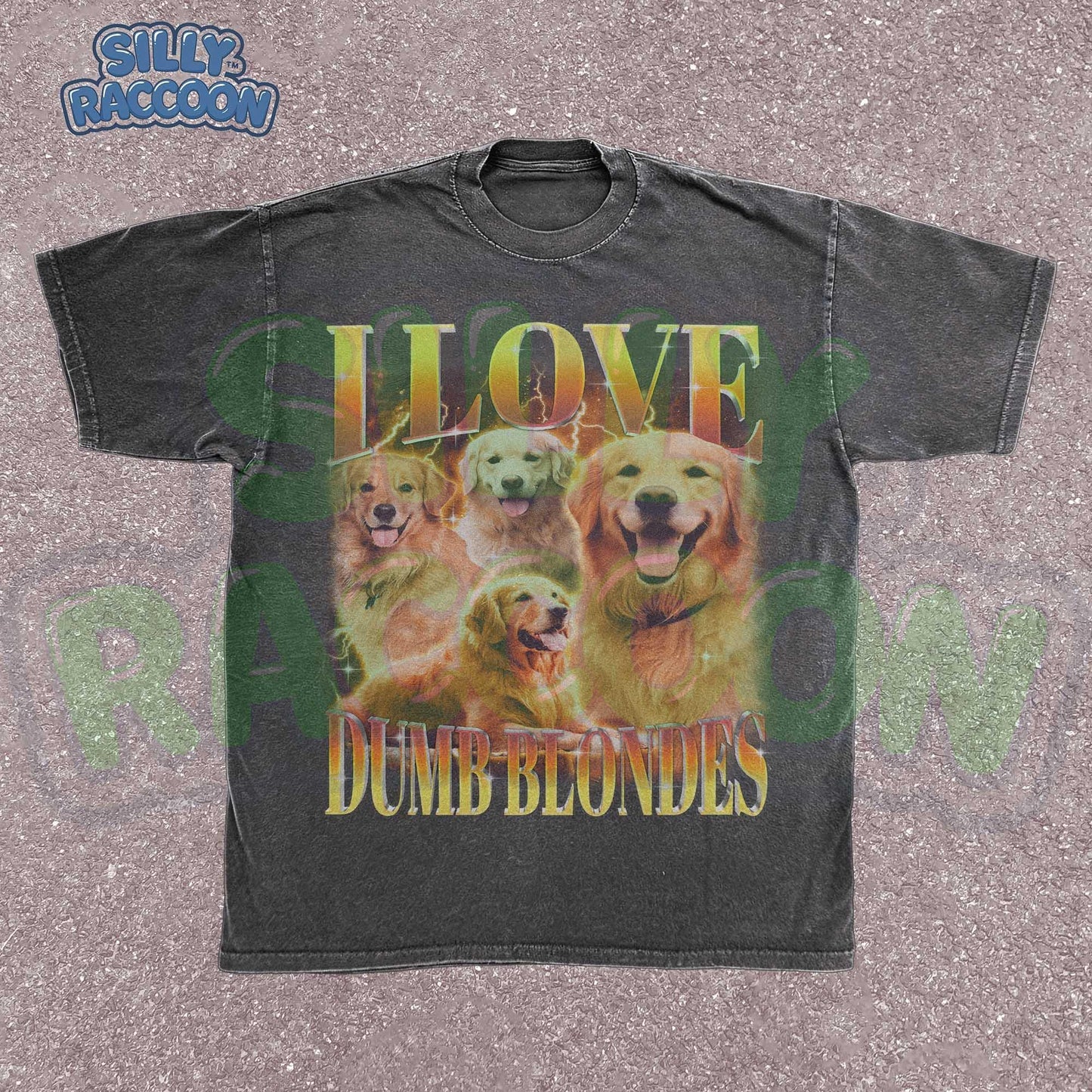 Golden Retriever Dog Tshirt for women, men, and dog lovers featuring four smiling golden retrievers with gradient text "I LOVE DUMB BLONDES" on vintage distressed black shirt. Perfect dog mom gift, dog dad present, or funny pet lover apparel. Retro style graphic t-shirt with pet humor celebrating the golden retriever breed. Vintage dog lover clothing with blonde dog pun that any golden retriever owner would love.