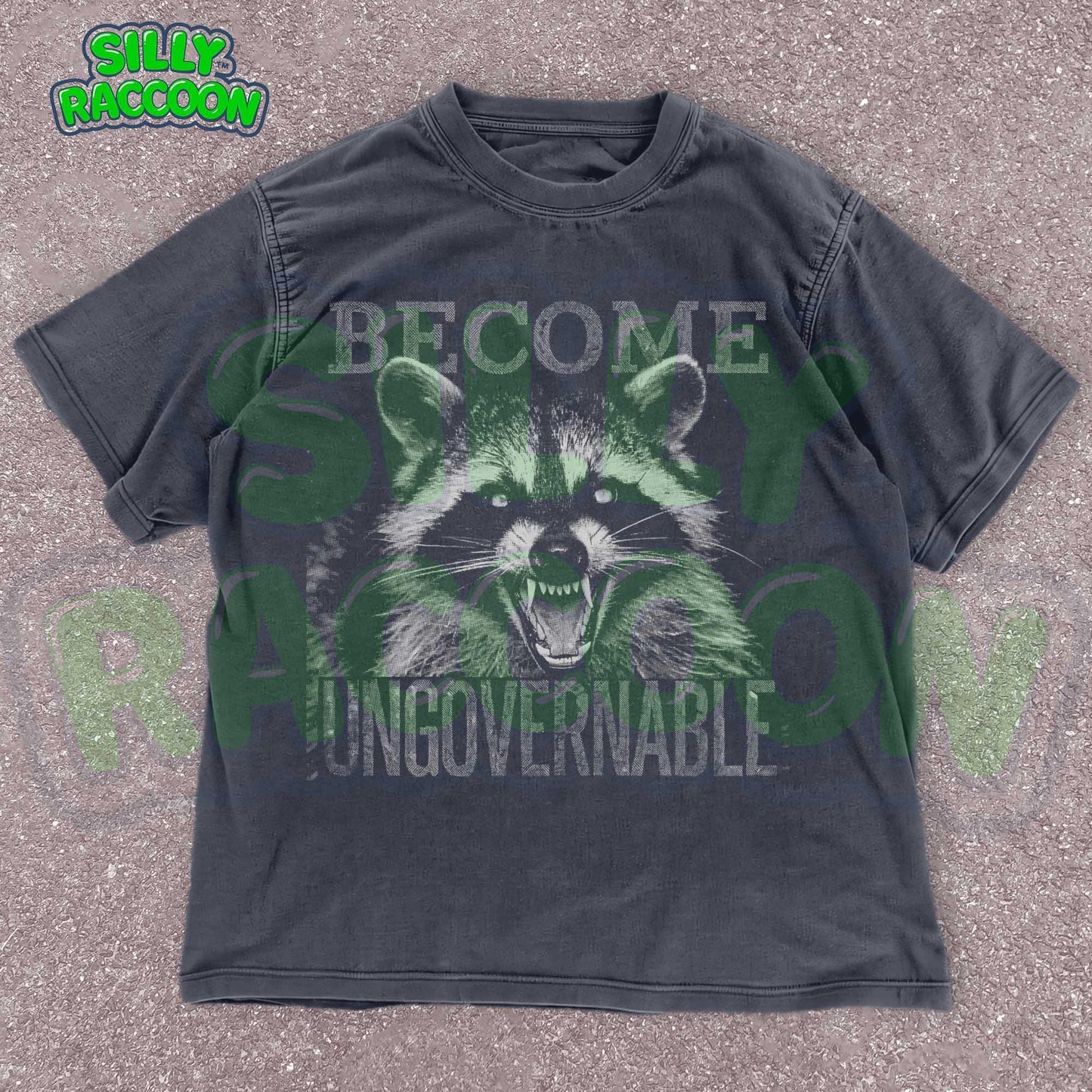 Vintage grunge dark grey t-shirt featuring an angry raccoon with the slogan Become Ungovernable. Perfect for fans of rebellious wildlife and sarcastic humor.