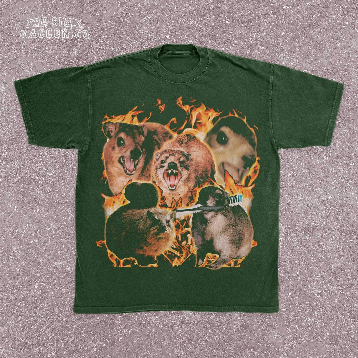 Funny animal t-shirt for men and women featuring a chaotic collage of screaming and intense rock hyrax rodents surrounded by flames. Printed on a vintage-wash black Comfort Colors shirt with a surreal, cursed meme style. Includes random elements like a toothbrush for added absurdity. Perfect for fans of weird humor, meme culture, and cursed animal designs. Great gift for chaotic friends, brothers, or unhinged meme lovers.