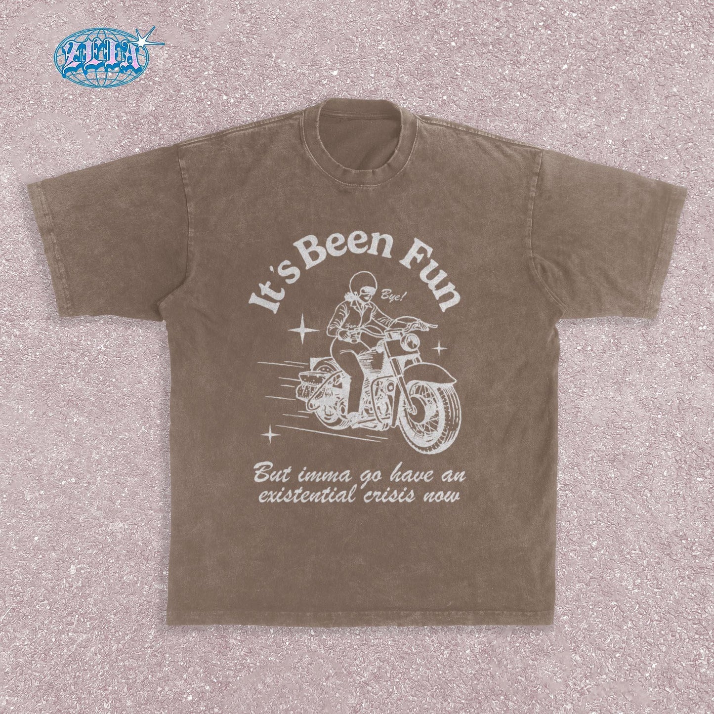 Retro style motorcycle Brown Espresso t-shirt featuring vintage White illustration of classic motorcycle with rider, stars and speed lines, combined with ironic existential crisis text in curved lettering, perfect for bikers.
