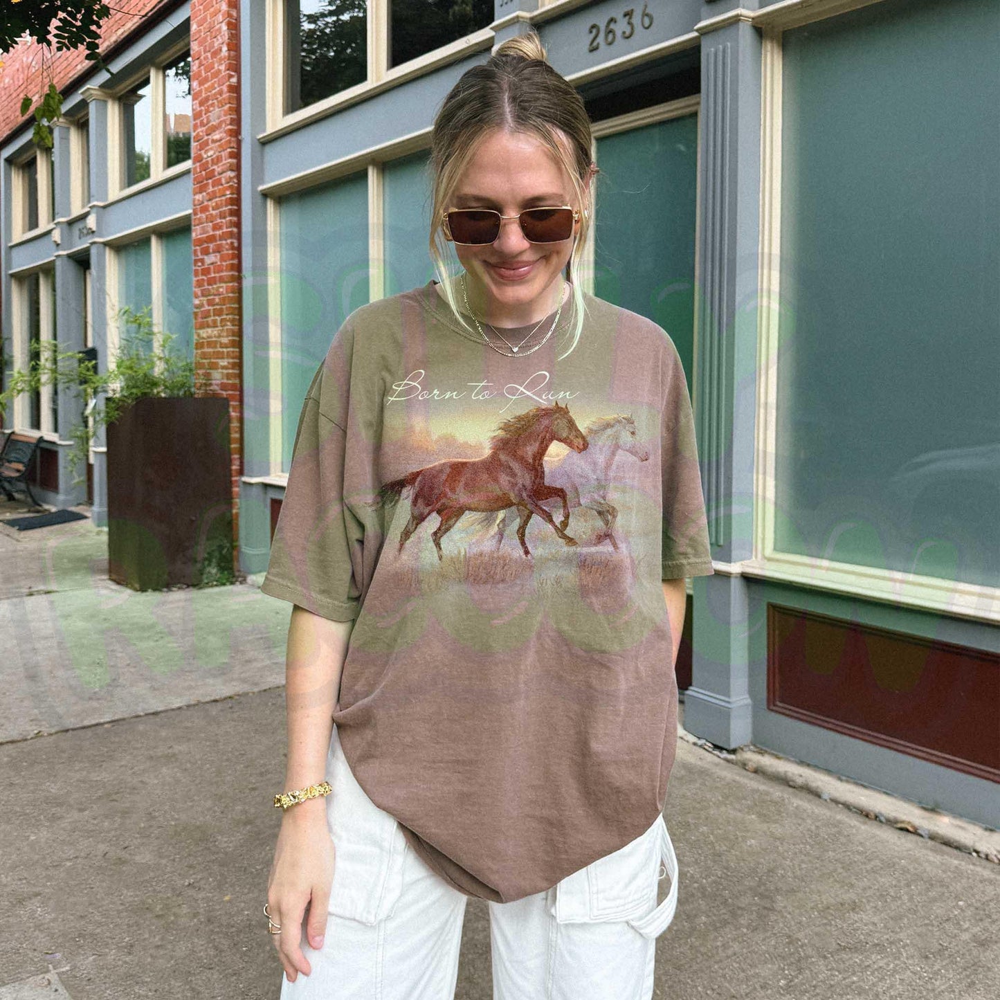 Horse t-shirt for women men equestrian lovers featuring beautiful watercolor running horses design on light gray background. Born to Run script text with brown horse and white horse galloping together through countryside. Perfect gift for horse moms, riders, trainers, western fashion lovers, farm owners and equine enthusiasts. Unisex casual tee with artistic wildlife illustration, ideal for horse shows, ranch work, country western events or casual everyday wear.