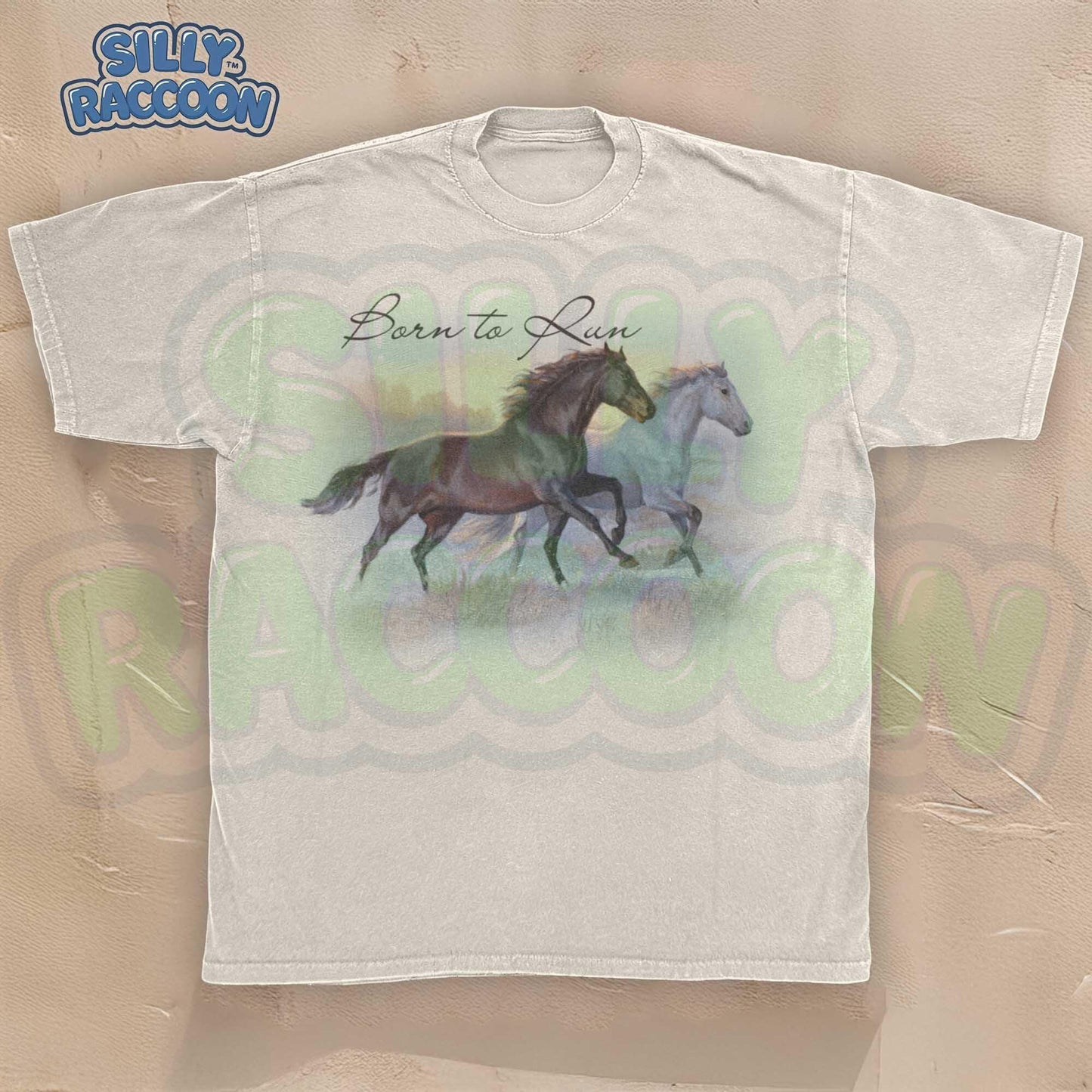 Horse t-shirt for women men equestrian lovers featuring beautiful watercolor running horses design on light gray background. Born to Run script text with brown horse and white horse galloping together through countryside. Perfect gift for horse moms, riders, trainers, western fashion lovers, farm owners and equine enthusiasts. Unisex casual tee with artistic wildlife illustration, ideal for horse shows, ranch work, country western events or casual everyday wear.