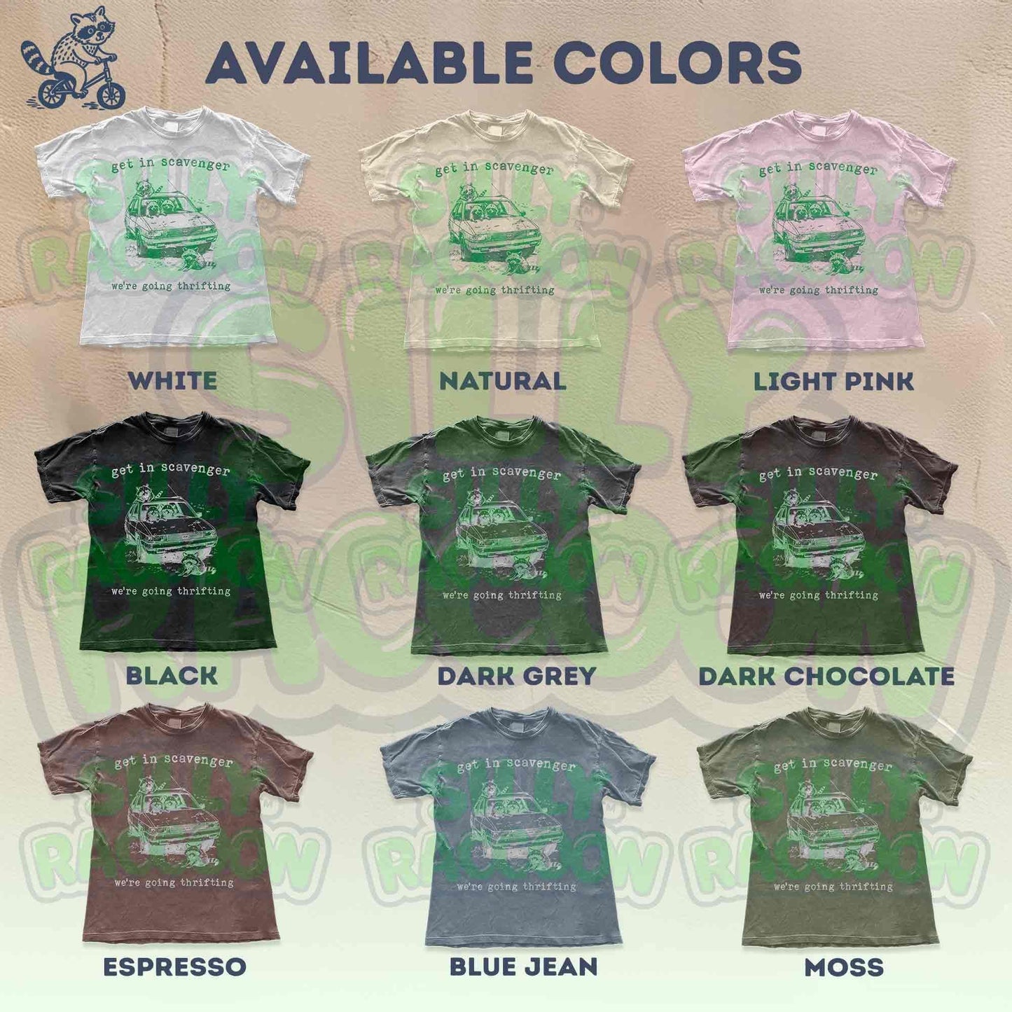 Get In Scavenger We're Going Thrifting" funny raccoon t-shirt for men and women. Vintage-style with a green graphic design of four silly raccoons in a station wagon. Perfect for thrifting lovers. Retro, humorous, unisex tee.