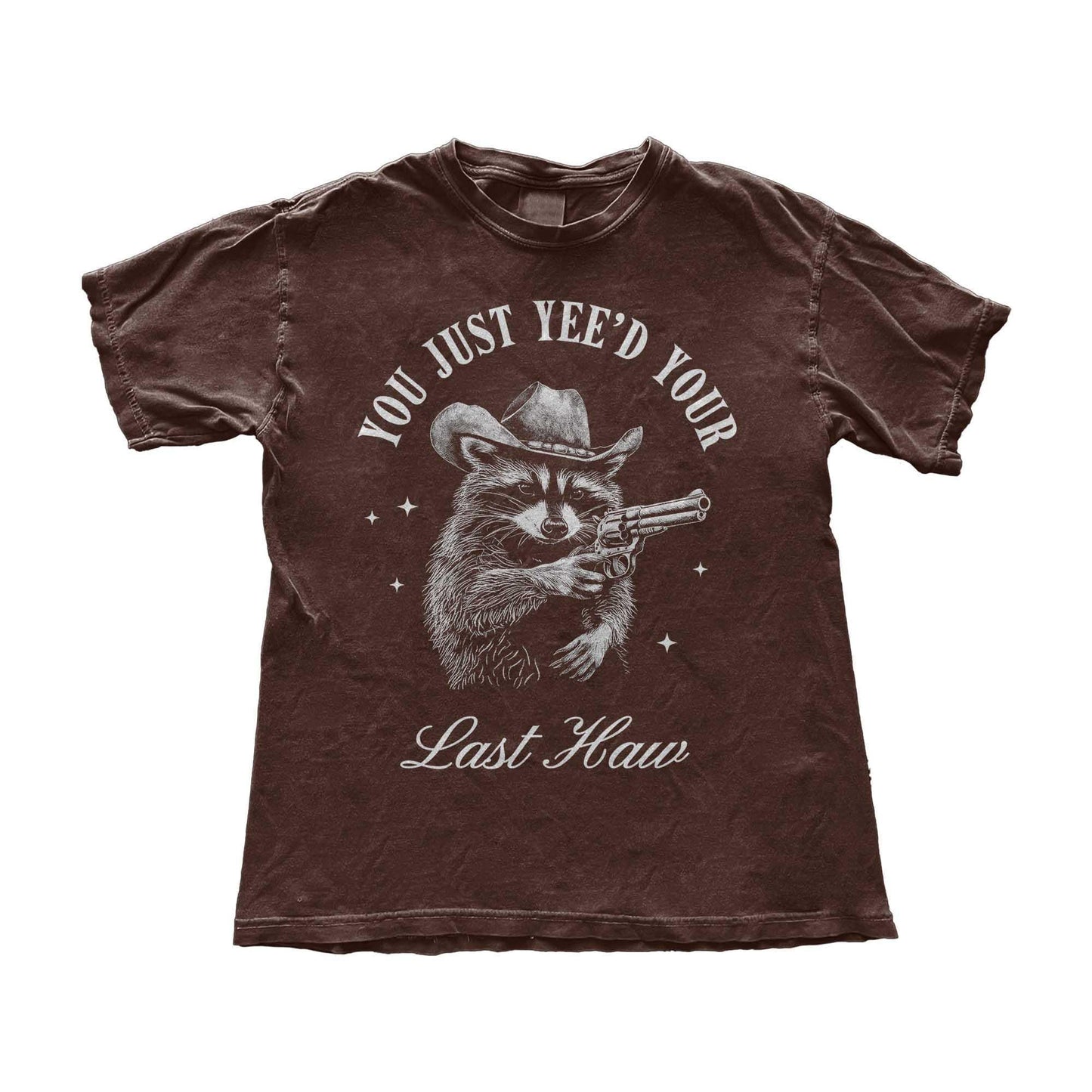 Funny cowboy raccoon t-shirt featuring a vintage-style hand-drawn raccoon in a cowboy hat holding a revolver. This Western humor graphic tee is perfect for country lovers, rodeo fans, and meme enthusiasts. Designed for men and women who love Southern slang, Wild West culture, and outlaw aesthetics. Great for casual wear, cowboy-themed parties, or as a hilarious gift for raccoon lovers and Western humor fans.