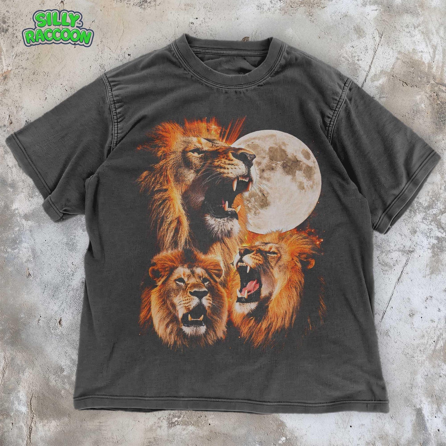 Unisex vintage style graphic t-shirt featuring three detailed lion heads roaring at a full moon, perfect for animal lovers and vintage fashion enthusiasts. Distressed gray cotton tee with realistic wildlife art, oversized fit, comfort colors Tee.