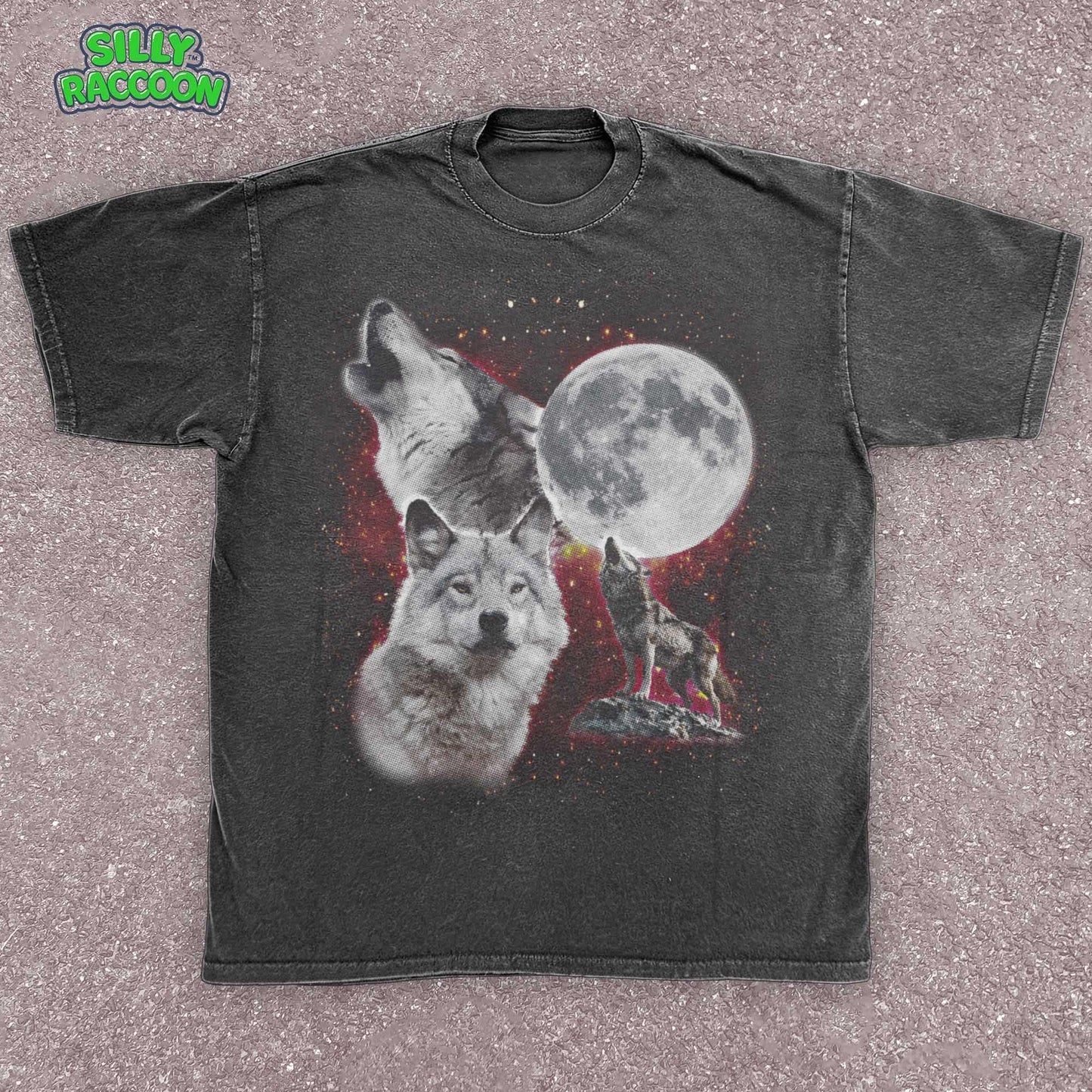 90s wolf moon shirt, vintage style grunge wolves graphic tee. Retro unisex t-shirt for animal and wildlife lovers. Features a moonlit night sky and wolf design. Comfort Colors tee, perfect gift.