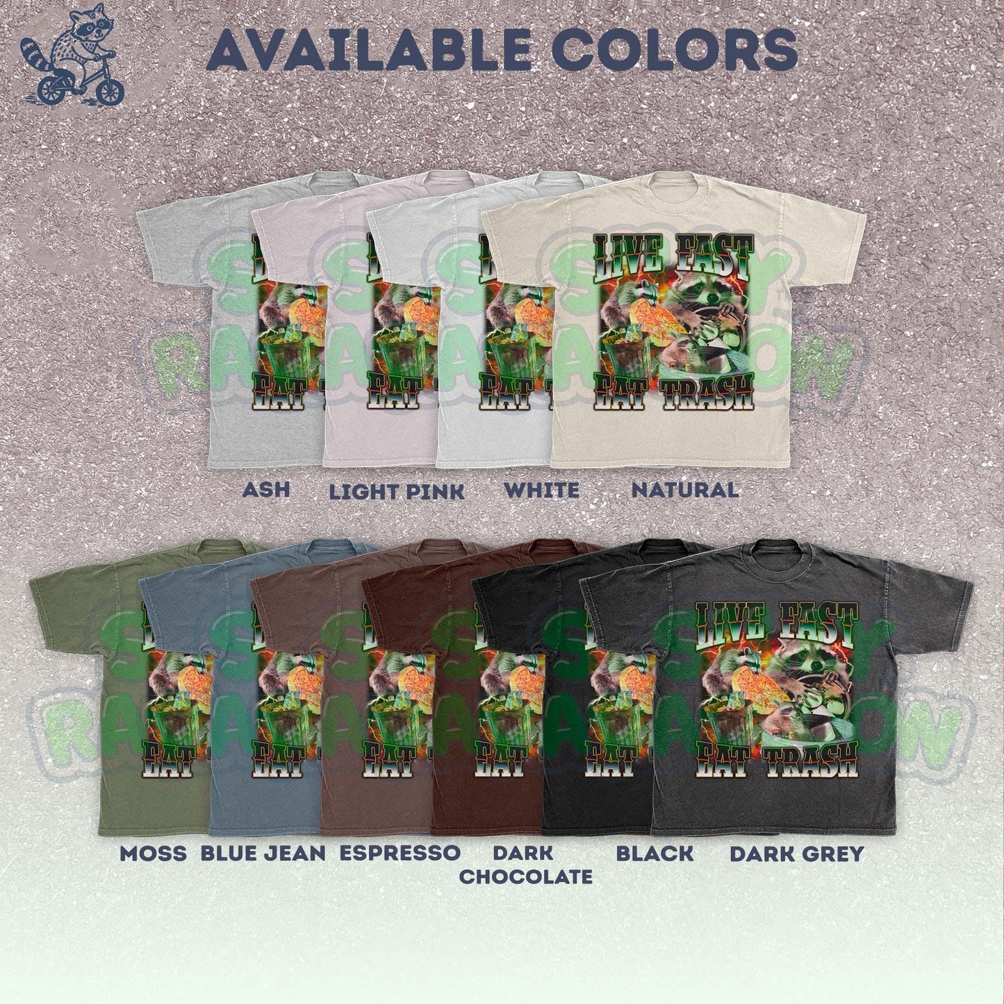 Funny raccoon graphic shirt for men and women featuring chaotic dumpster raccoons in a vintage meme collage style. Bold distressed text reads "Live Fast Eat Trash" over retro raccoons eating pizza and digging in garbage. Designed for meme lovers, unhinged humor fans, and raccoon-core enthusiasts. Perfect for birthdays, Gen Z humor gifts, or streetwear animal aesthetics. Makes a hilarious gift for trash panda lovers or quirky friends.