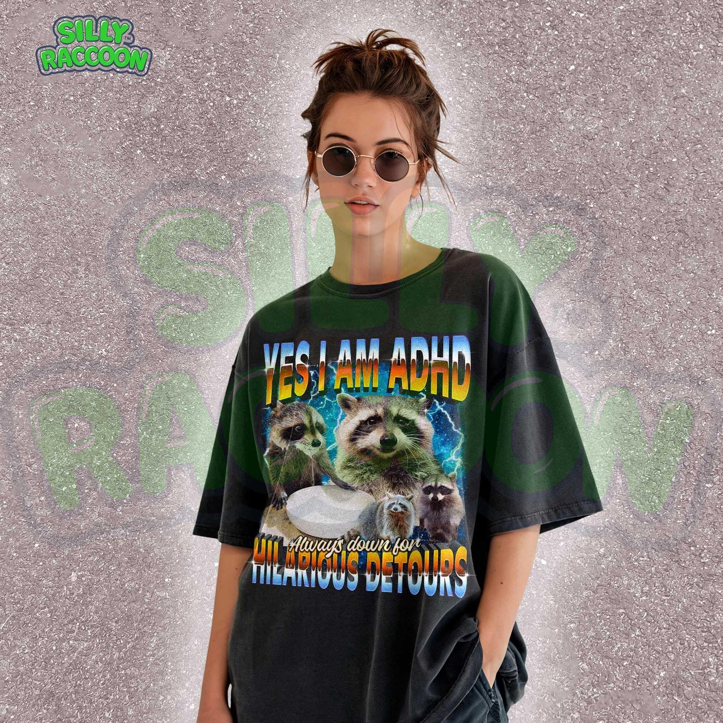 Funny vintage-style ADHD awareness shirt for adults featuring humorous raccoon meme design. Text reads “YES I AM ADHD - Always down for HILARIOUS DETOURS” in vibrant retro gradient colors against cosmic starry background. Graphic includes multiple playful raccoons, perfect for neurodiverse adults, meme lovers, and humorous animal enthusiasts. Ideal gift tee for birthdays, ADHD pride events, or casual everyday wear embracing spontaneous personalities.