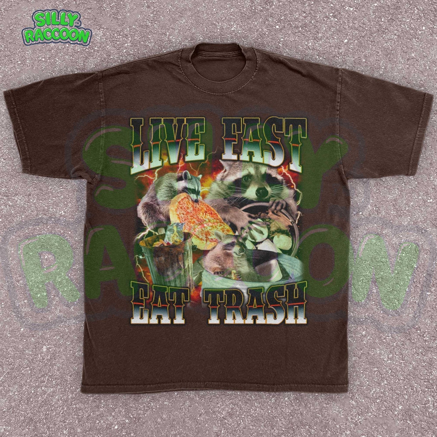 Funny raccoon graphic shirt for men and women featuring chaotic dumpster raccoons in a vintage meme collage style. Bold distressed text reads "Live Fast Eat Trash" over retro raccoons eating pizza and digging in garbage. Designed for meme lovers, unhinged humor fans, and raccoon-core enthusiasts. Perfect for birthdays, Gen Z humor gifts, or streetwear animal aesthetics. Makes a hilarious gift for trash panda lovers or quirky friends.