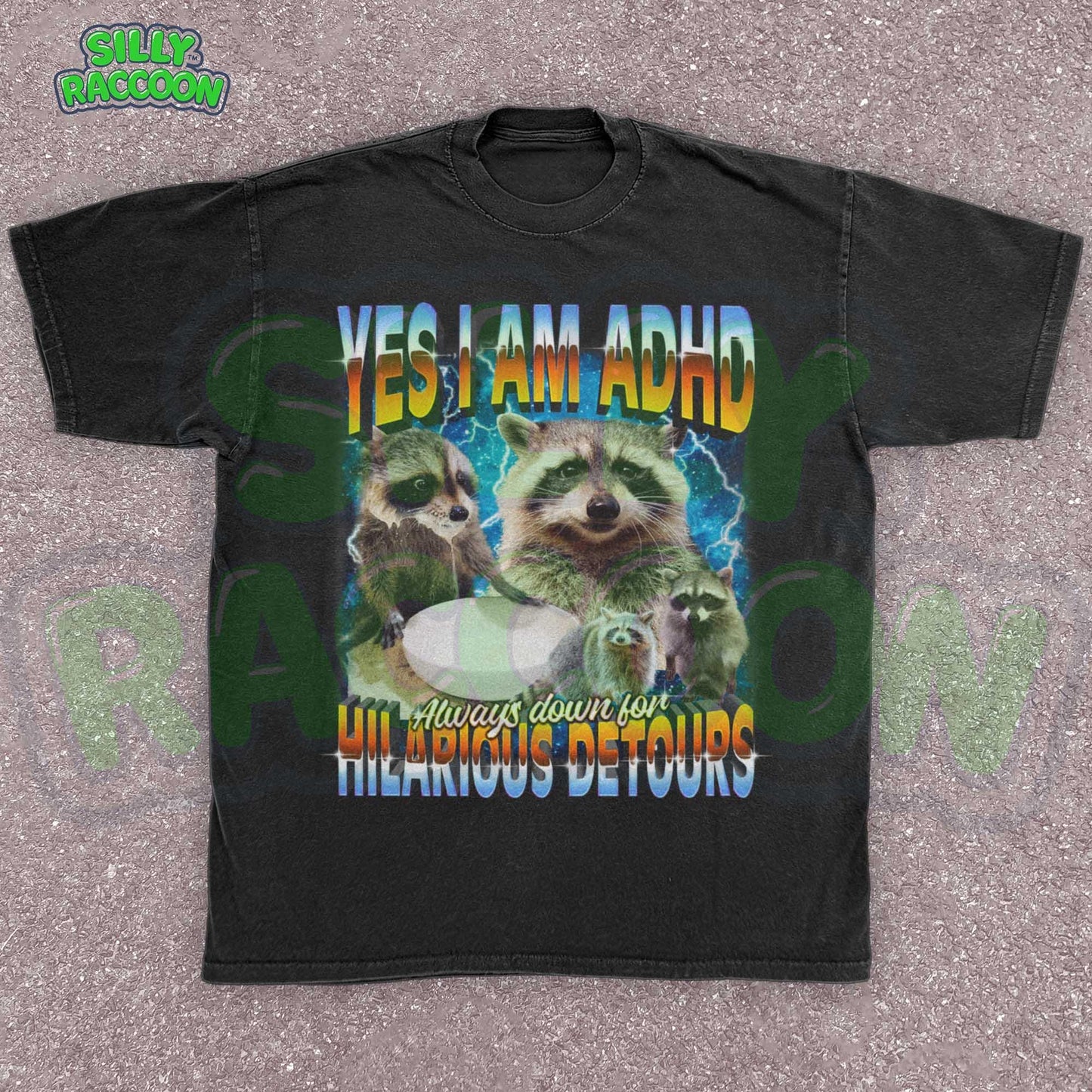 Funny vintage-style ADHD awareness shirt for adults featuring humorous raccoon meme design. Text reads “YES I AM ADHD - Always down for HILARIOUS DETOURS” in vibrant retro gradient colors against cosmic starry background. Graphic includes multiple playful raccoons, perfect for neurodiverse adults, meme lovers, and humorous animal enthusiasts. Ideal gift tee for birthdays, ADHD pride events, or casual everyday wear embracing spontaneous personalities.