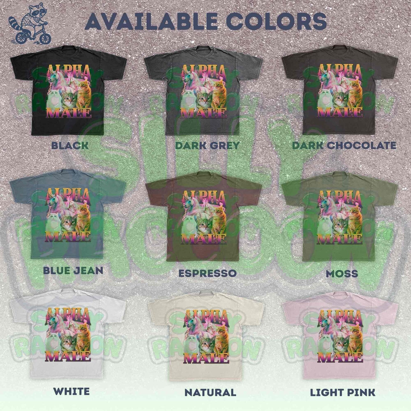 Funny Alpha Male shirt for men, a perfect ironic humor gift for cat dads and meme lovers. This dark grey graphic tee features a vibrant retro 90s design with three distinct cats (fluffy white, tabby, orange) and two majestic unicorns against a pink and purple lightning background. Bold gradient text reads "ALPHA MALE". Ideal sarcastic clothing for him, blending parody, mythical creature themes, and vaporwave aesthetic.