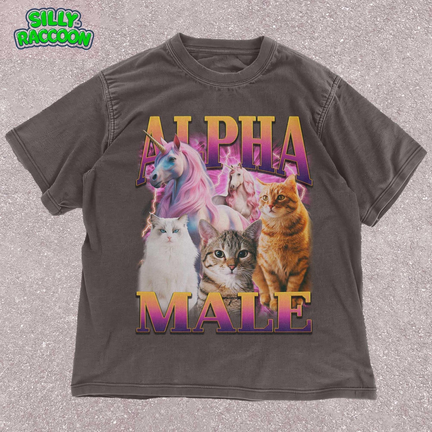 Unisex Alpha Male t-shirt for men featuring three realistic cats and two fantasy unicorns with a retro vaporwave aesthetic. This funny graphic tee is perfect for cat dads and men who enjoy ironic humor. Ideal for casual wear.