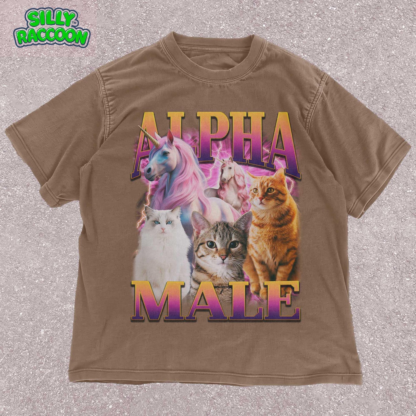 Unisex Alpha Male t-shirt for men featuring three realistic cats and two fantasy unicorns with a retro vaporwave aesthetic. This funny graphic tee is perfect for cat dads and men who enjoy ironic humor. Ideal for casual wear.