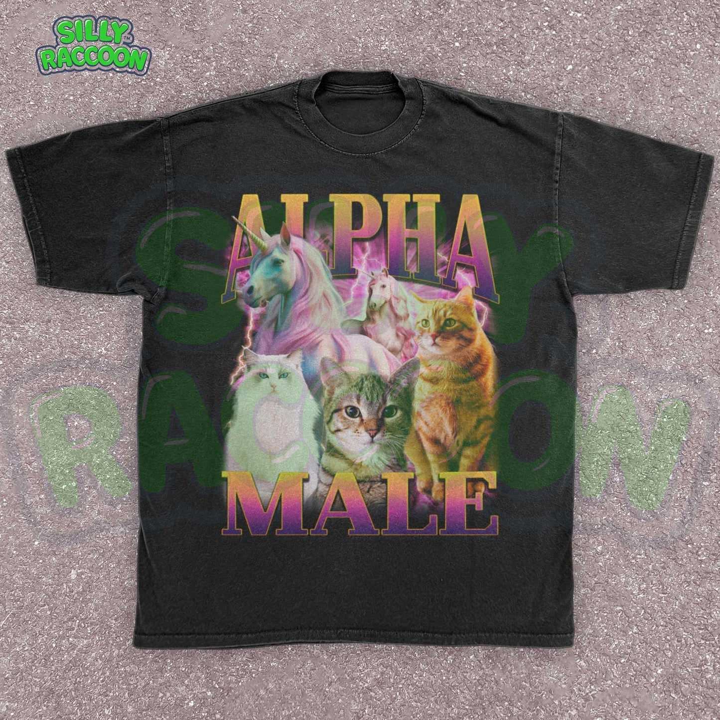 Funny Alpha Male shirt for men, a perfect ironic humor gift for cat dads and meme lovers. This dark grey graphic tee features a vibrant retro 90s design with three distinct cats (fluffy white, tabby, orange) and two majestic unicorns against a pink and purple lightning background. Bold gradient text reads "ALPHA MALE". Ideal sarcastic clothing for him, blending parody, mythical creature themes, and vaporwave aesthetic.