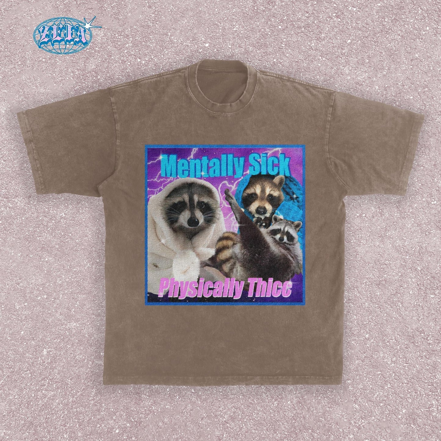 A brown espresso t-shirt featuring three raccoons in a y2k aesthetic frame with blue and purple lightning effects, text reads Mentally Sick Physically Thicc in retro style typography