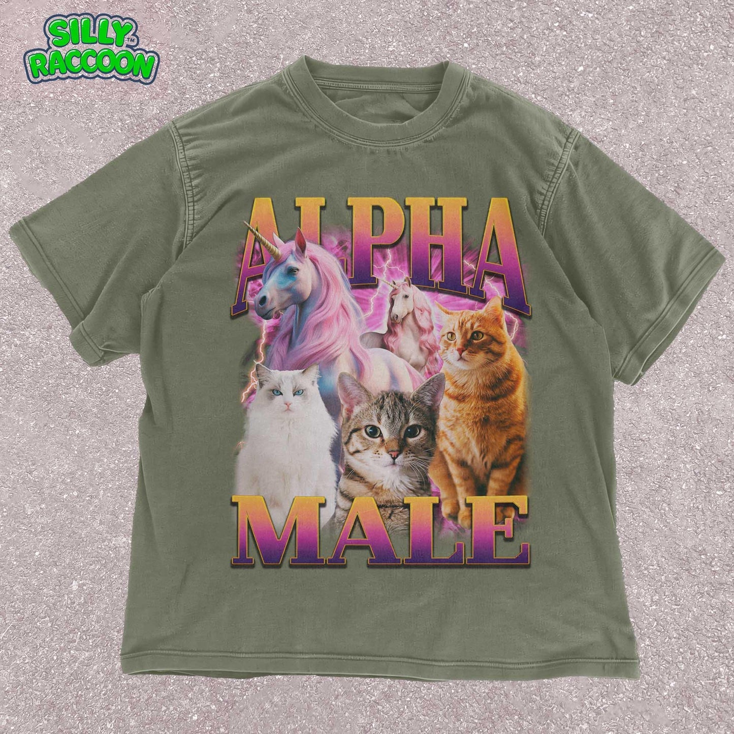 Unisex Alpha Male t-shirt for men featuring three realistic cats and two fantasy unicorns with a retro vaporwave aesthetic. This funny graphic tee is perfect for cat dads and men who enjoy ironic humor. Ideal for casual wear.