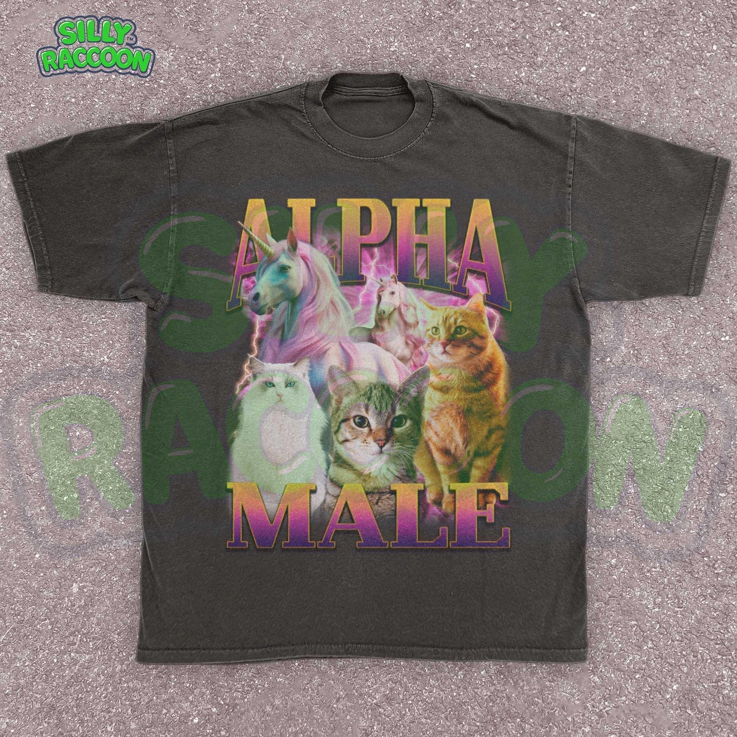 Funny Alpha Male shirt for men, a perfect ironic humor gift for cat dads and meme lovers. This dark grey graphic tee features a vibrant retro 90s design with three distinct cats (fluffy white, tabby, orange) and two majestic unicorns against a pink and purple lightning background. Bold gradient text reads "ALPHA MALE". Ideal sarcastic clothing for him, blending parody, mythical creature themes, and vaporwave aesthetic.