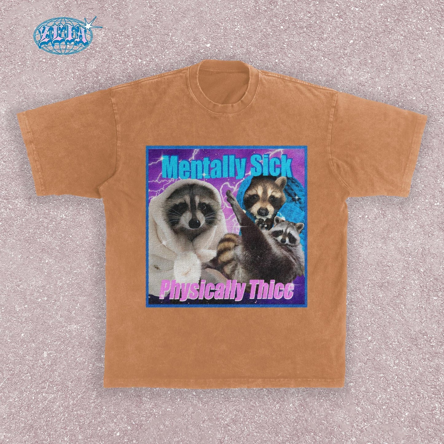 A yam t-shirt featuring three raccoons in a y2k aesthetic frame with blue and purple lightning effects, text reads Mentally Sick Physically Thicc in retro style typography