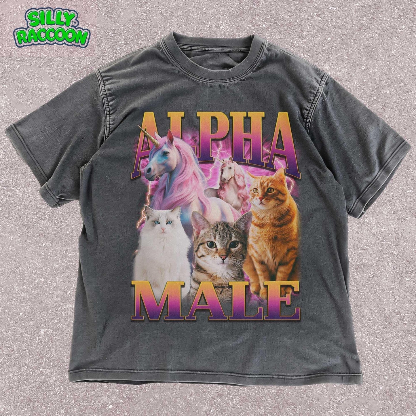 Unisex Alpha Male t-shirt for men featuring three realistic cats and two fantasy unicorns with a retro vaporwave aesthetic. This funny graphic tee is perfect for cat dads and men who enjoy ironic humor. Ideal for casual wear.