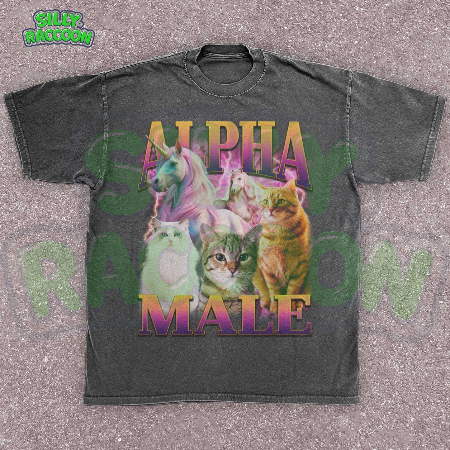 Funny Alpha Male shirt for men, a perfect ironic humor gift for cat dads and meme lovers. This dark grey graphic tee features a vibrant retro 90s design with three distinct cats (fluffy white, tabby, orange) and two majestic unicorns against a pink and purple lightning background. Bold gradient text reads "ALPHA MALE". Ideal sarcastic clothing for him, blending parody, mythical creature themes, and vaporwave aesthetic.
