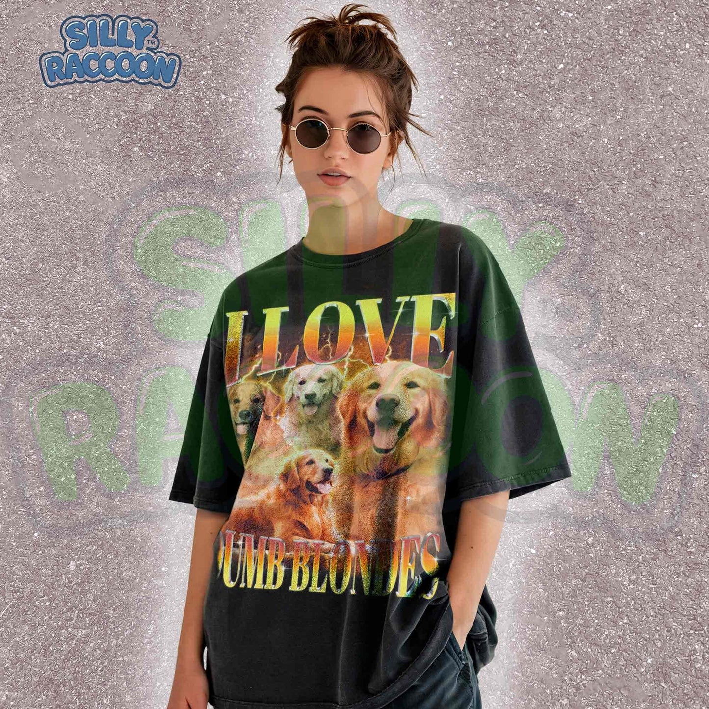 Golden Retriever Dog Tshirt for women, men, and dog lovers featuring four smiling golden retrievers with gradient text "I LOVE DUMB BLONDES" on vintage distressed black shirt. Perfect dog mom gift, dog dad present, or funny pet lover apparel. Retro style graphic t-shirt with pet humor celebrating the golden retriever breed. Vintage dog lover clothing with blonde dog pun that any golden retriever owner would love.