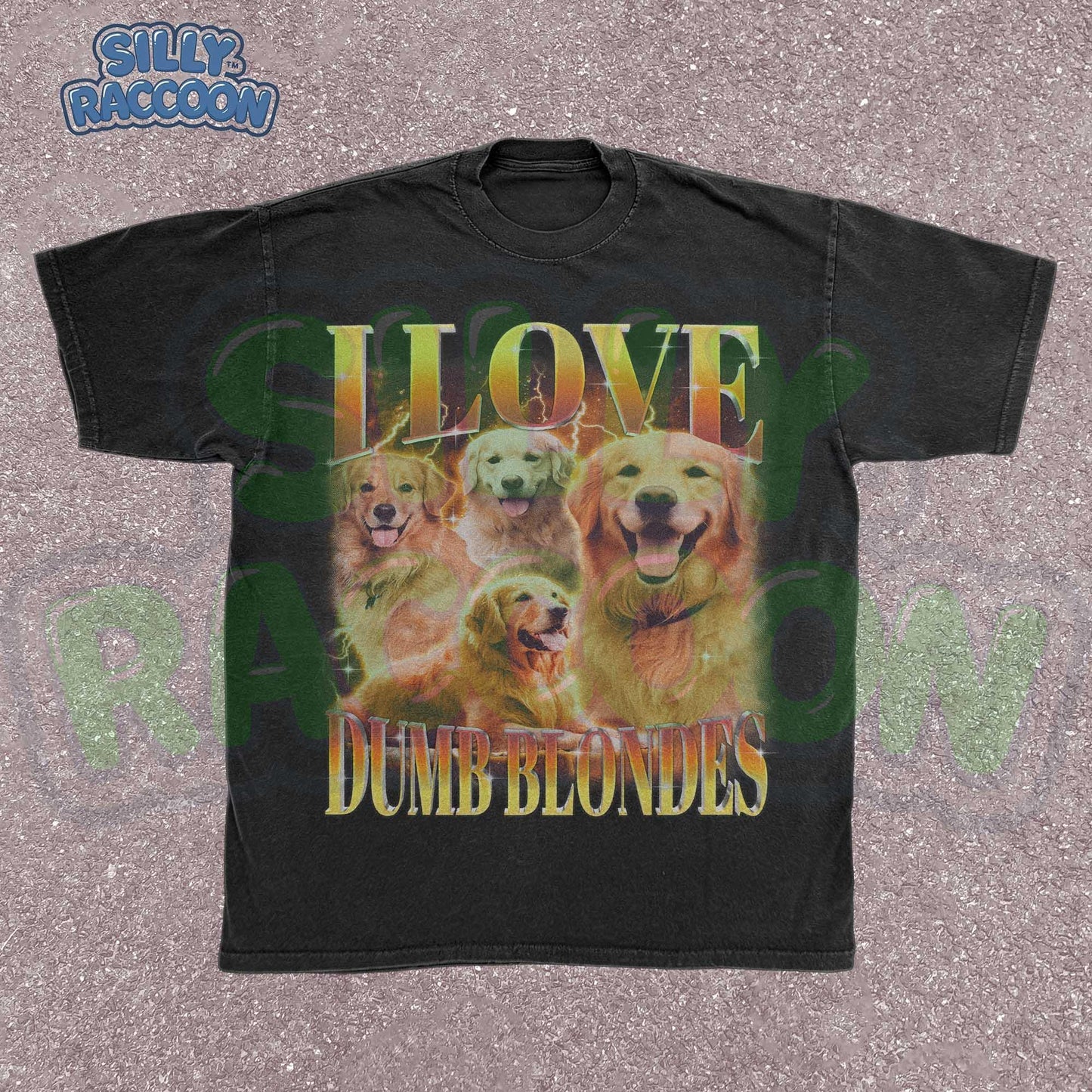 Golden Retriever Dog Tshirt for women, men, and dog lovers featuring four smiling golden retrievers with gradient text "I LOVE DUMB BLONDES" on vintage distressed black shirt. Perfect dog mom gift, dog dad present, or funny pet lover apparel. Retro style graphic t-shirt with pet humor celebrating the golden retriever breed. Vintage dog lover clothing with blonde dog pun that any golden retriever owner would love.