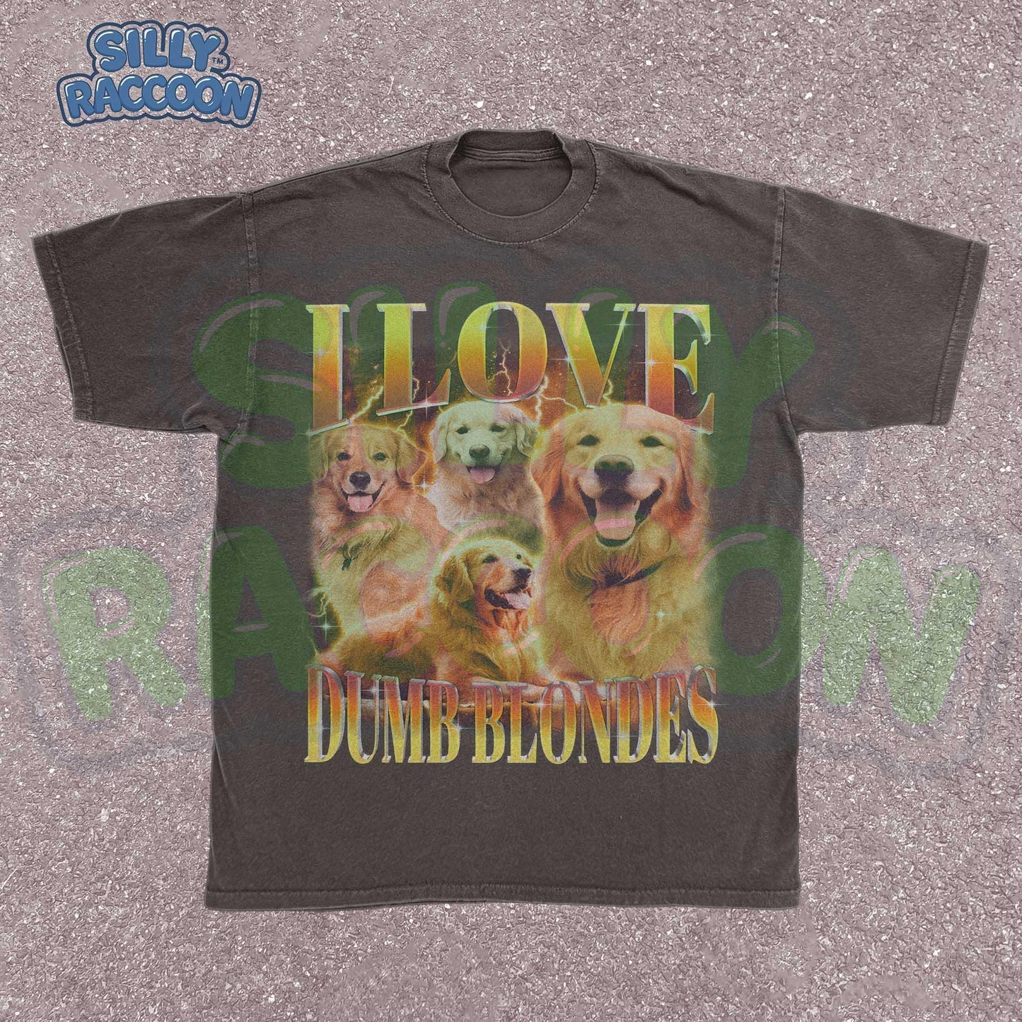Golden Retriever Dog Tshirt for women, men, and dog lovers featuring four smiling golden retrievers with gradient text "I LOVE DUMB BLONDES" on vintage distressed black shirt. Perfect dog mom gift, dog dad present, or funny pet lover apparel. Retro style graphic t-shirt with pet humor celebrating the golden retriever breed. Vintage dog lover clothing with blonde dog pun that any golden retriever owner would love.