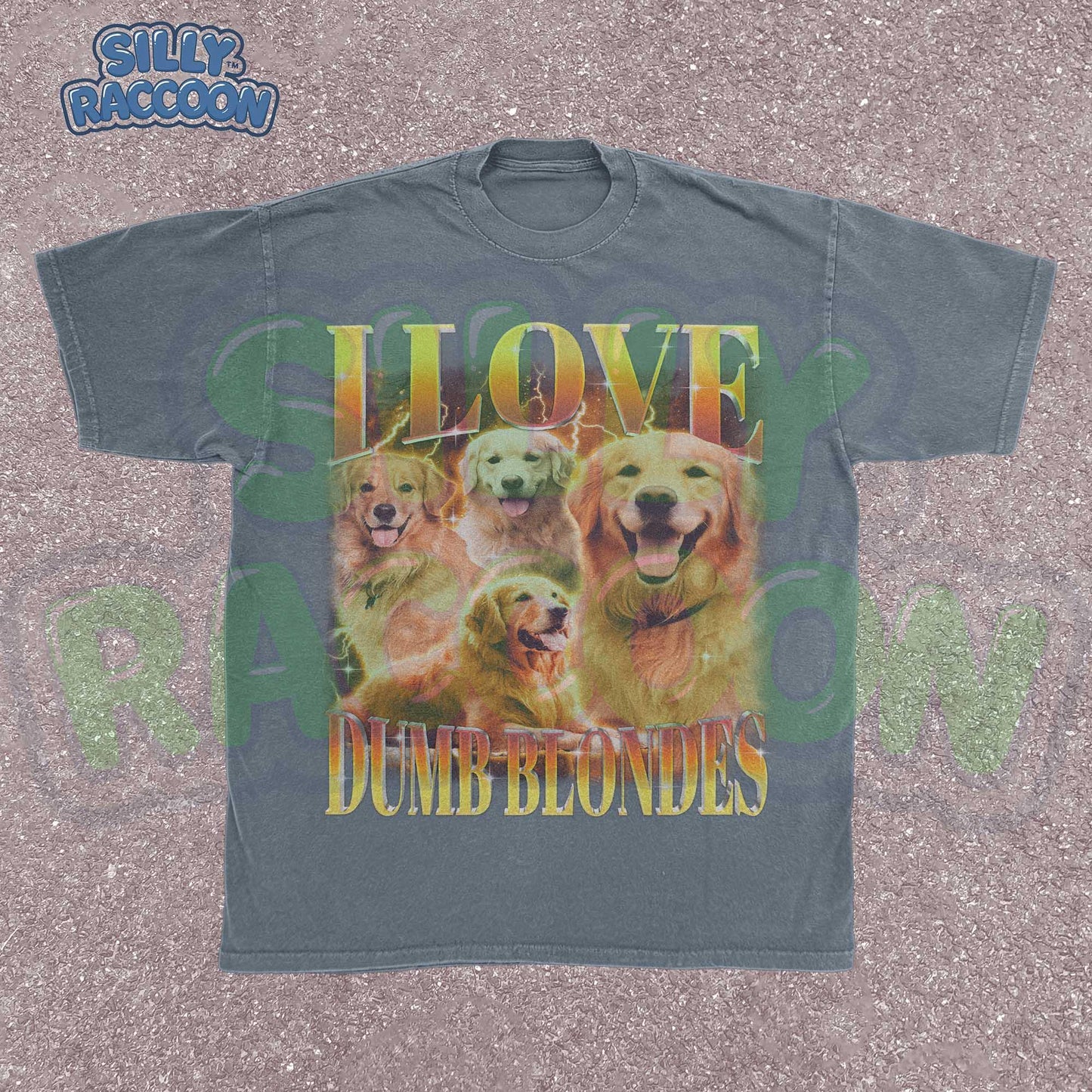 Golden Retriever Dog Tshirt for women, men, and dog lovers featuring four smiling golden retrievers with gradient text "I LOVE DUMB BLONDES" on vintage distressed black shirt. Perfect dog mom gift, dog dad present, or funny pet lover apparel. Retro style graphic t-shirt with pet humor celebrating the golden retriever breed. Vintage dog lover clothing with blonde dog pun that any golden retriever owner would love.