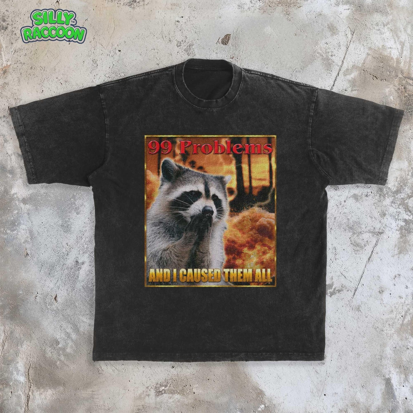 This Comfort Colors t-shirt features a funny raccoon meme design perfect for women and men who love weird, sarcastic humor. The retro-style graphic on this unisex tee shows a raccoon looking guilty with the text "99 Problems AND I CAUSED THEM ALL," ideal for casual wear or as a gag gift for a friend who appreciates ironic, unhinged shirts and possum-themed humor.