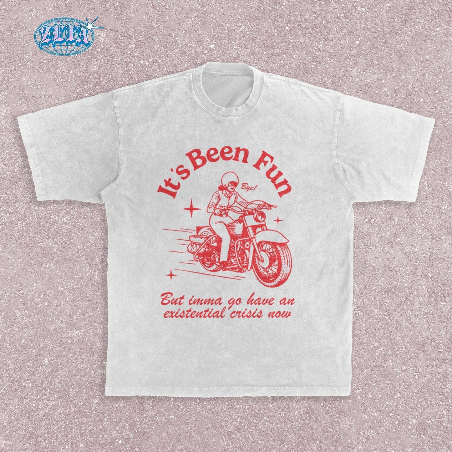 Retro style motorcycle white t-shirt featuring vintage red illustration of classic motorcycle with rider, stars and speed lines, combined with ironic existential crisis text in curved lettering, perfect for bikers.