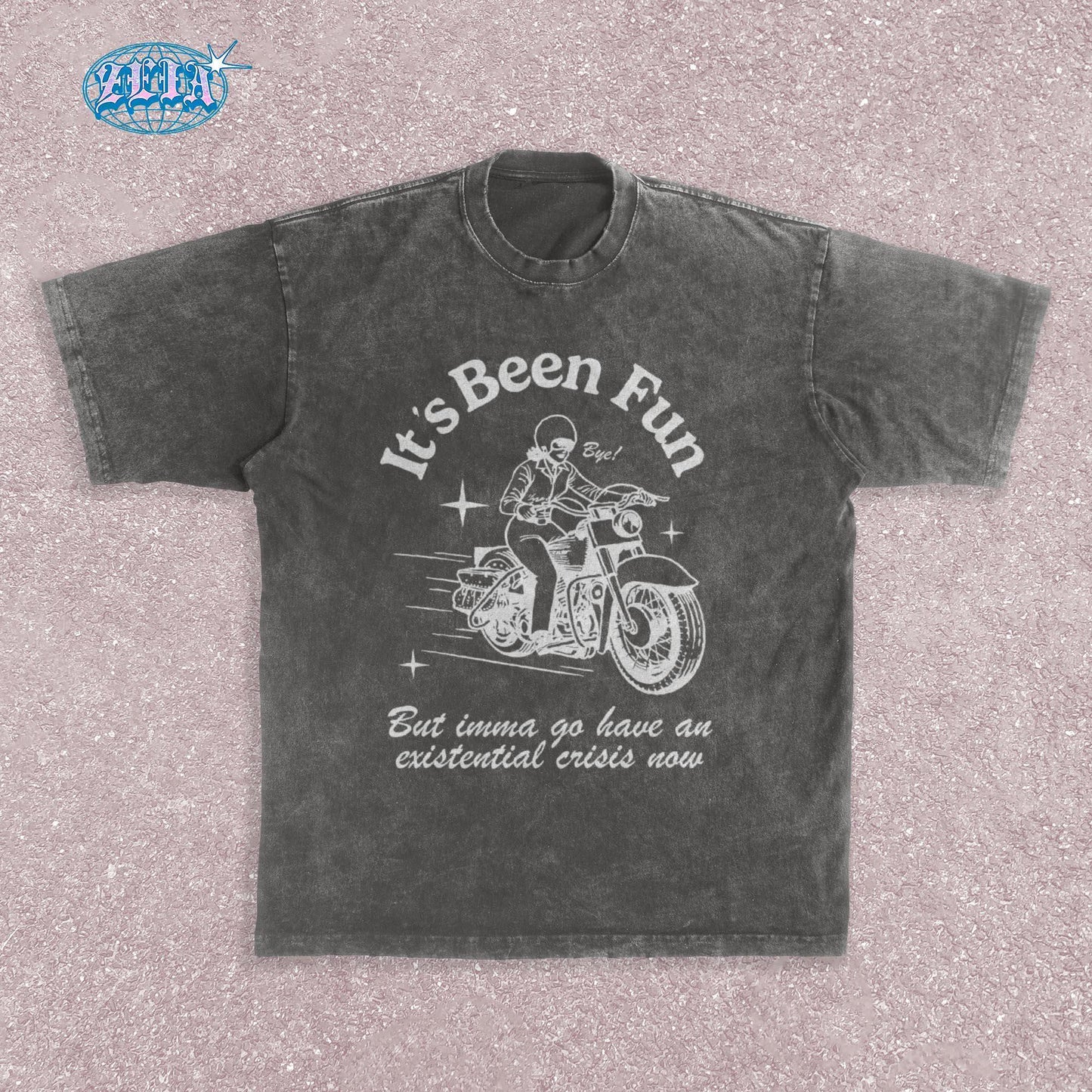 Retro style motorcycle Pepper t-shirt featuring vintage White illustration of classic motorcycle with rider, stars and speed lines, combined with ironic existential crisis text in curved lettering, perfect for bikers.
