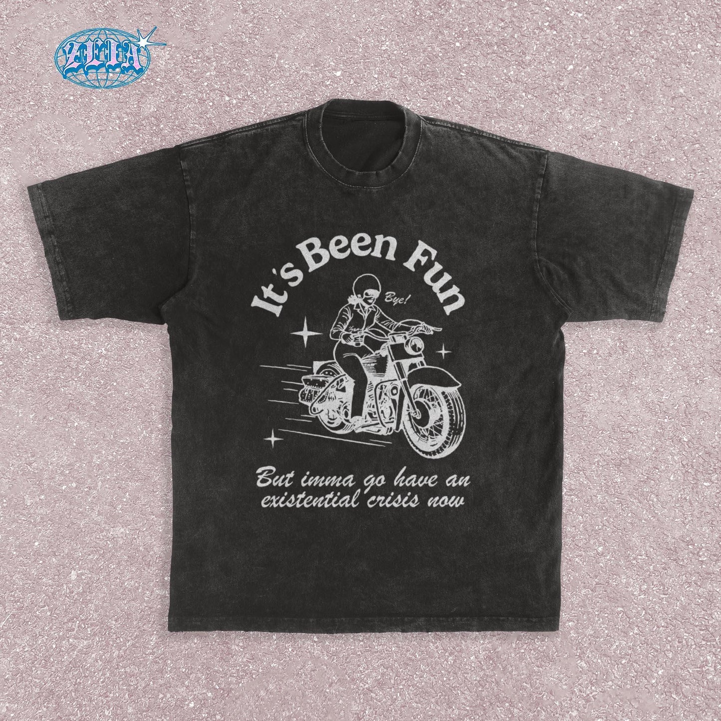 Retro style motorcycle black t-shirt featuring vintage White illustration of classic motorcycle with rider, stars and speed lines, combined with ironic existential crisis text in curved lettering, perfect for bikers.