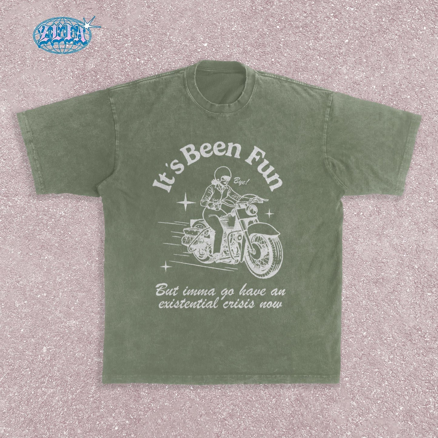 Retro style motorcycle green moss t-shirt featuring vintage White illustration of classic motorcycle with rider, stars and speed lines, combined with ironic existential crisis text in curved lettering, perfect for bikers.