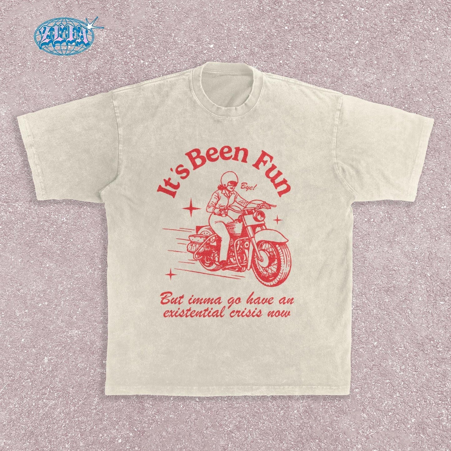 Retro style motorcycle Beige t-shirt featuring vintage red illustration of classic motorcycle with rider, stars and speed lines, combined with ironic existential crisis text in curved lettering, perfect for bikers.