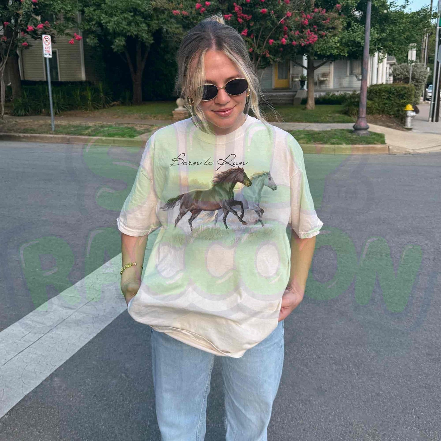 Horse t-shirt for women men equestrian lovers featuring beautiful watercolor running horses design on light gray background. Born to Run script text with brown horse and white horse galloping together through countryside. Perfect gift for horse moms, riders, trainers, western fashion lovers, farm owners and equine enthusiasts. Unisex casual tee with artistic wildlife illustration, ideal for horse shows, ranch work, country western events or casual everyday wear.