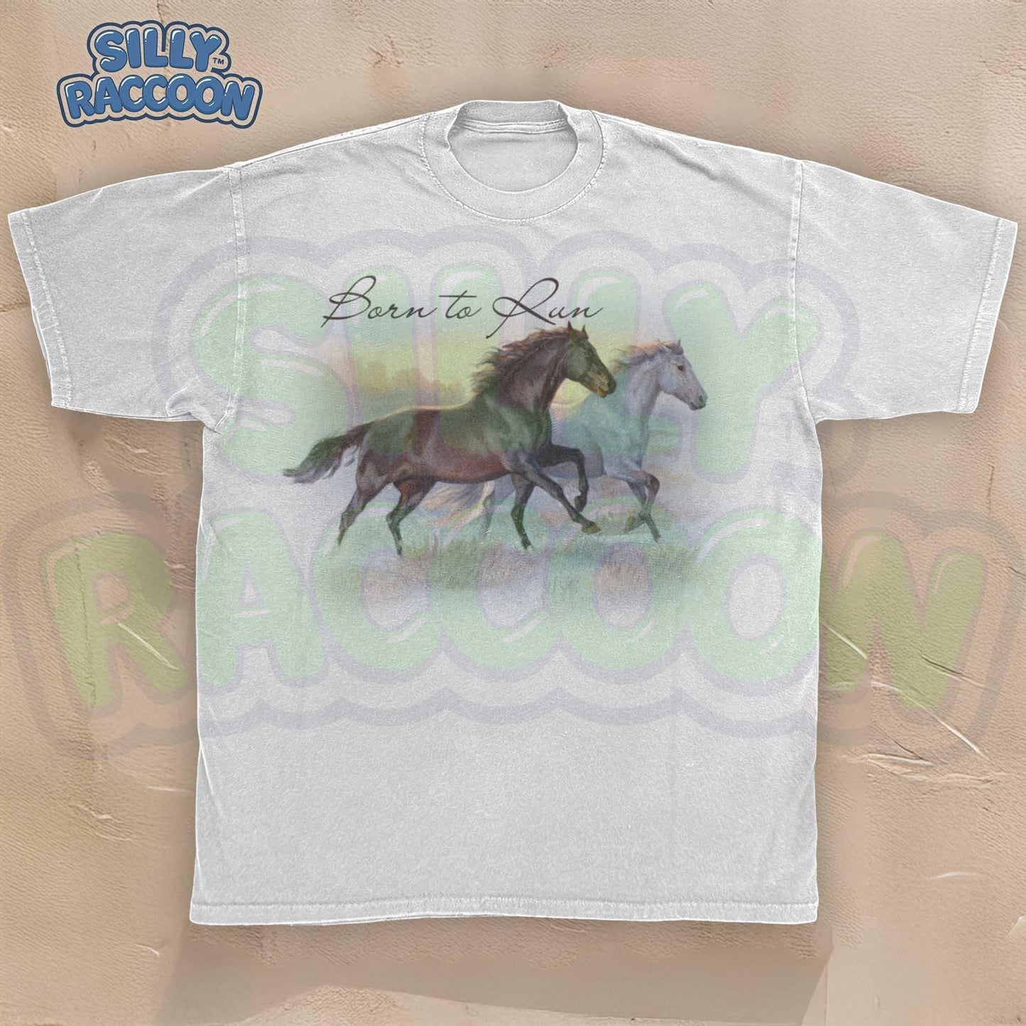 Horse t-shirt for women men equestrian lovers featuring beautiful watercolor running horses design on light gray background. Born to Run script text with brown horse and white horse galloping together through countryside. Perfect gift for horse moms, riders, trainers, western fashion lovers, farm owners and equine enthusiasts. Unisex casual tee with artistic wildlife illustration, ideal for horse shows, ranch work, country western events or casual everyday wear.